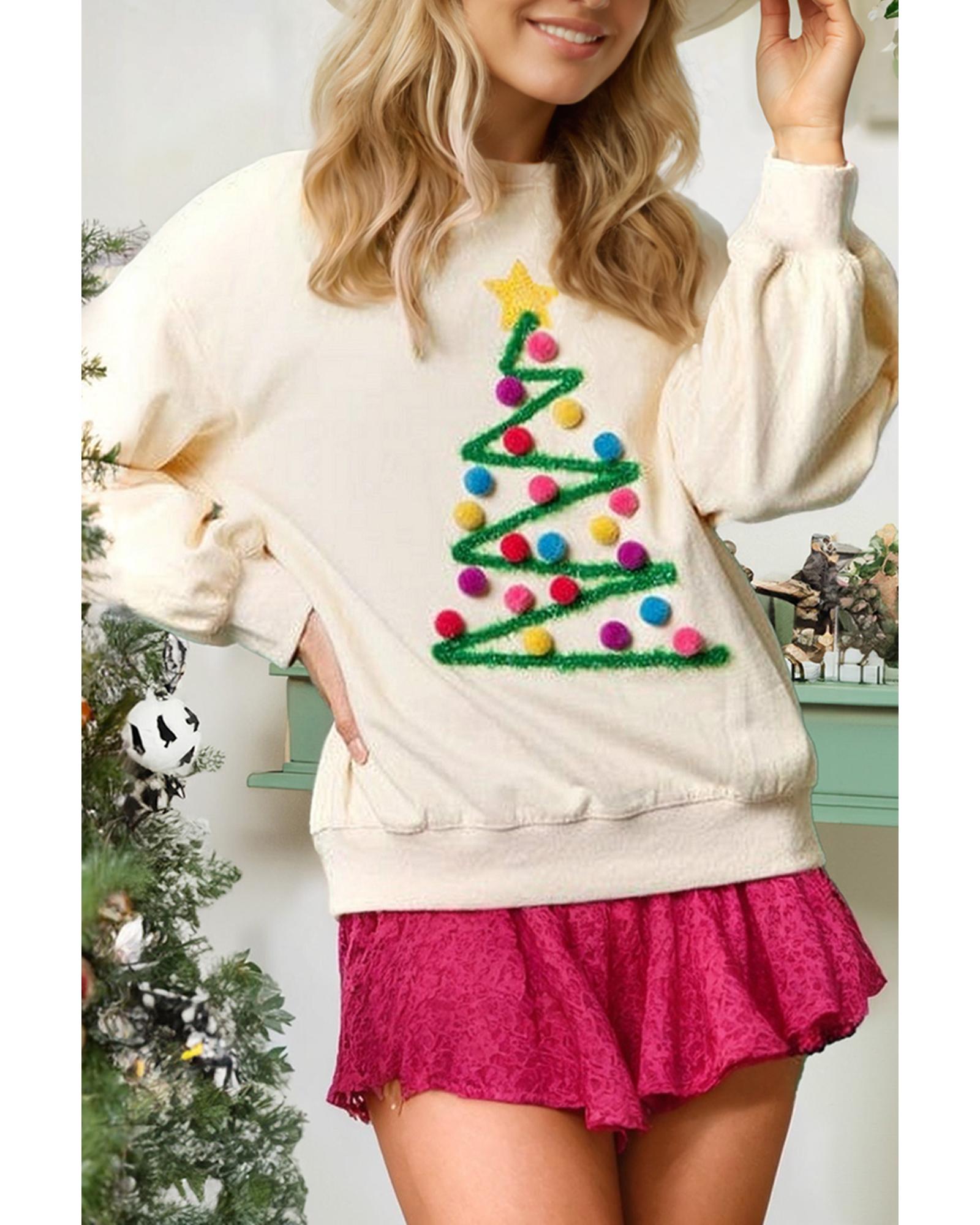 Beige Pom-Pom Christmas Tree Pattern O Neck Sweatshirt - L