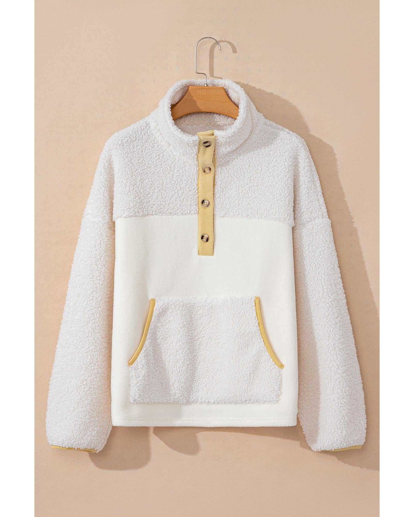 Beige Fleece Colorblock Trim Buttons Collar Sweatshirt with Pocket - XL