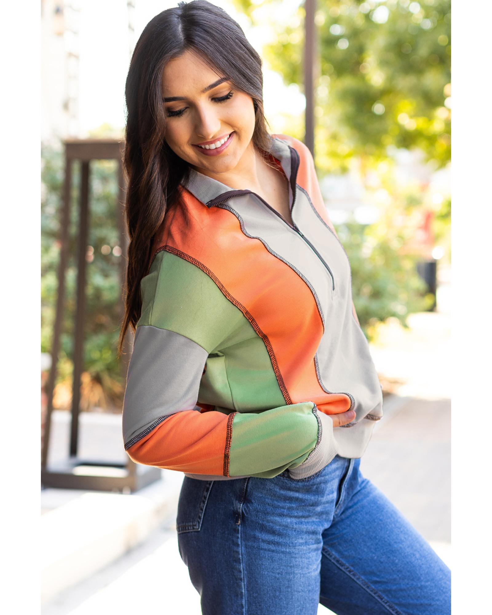 Light Grey Color Block Stitching Detail Half Zipper Sweatshirt - 2XL