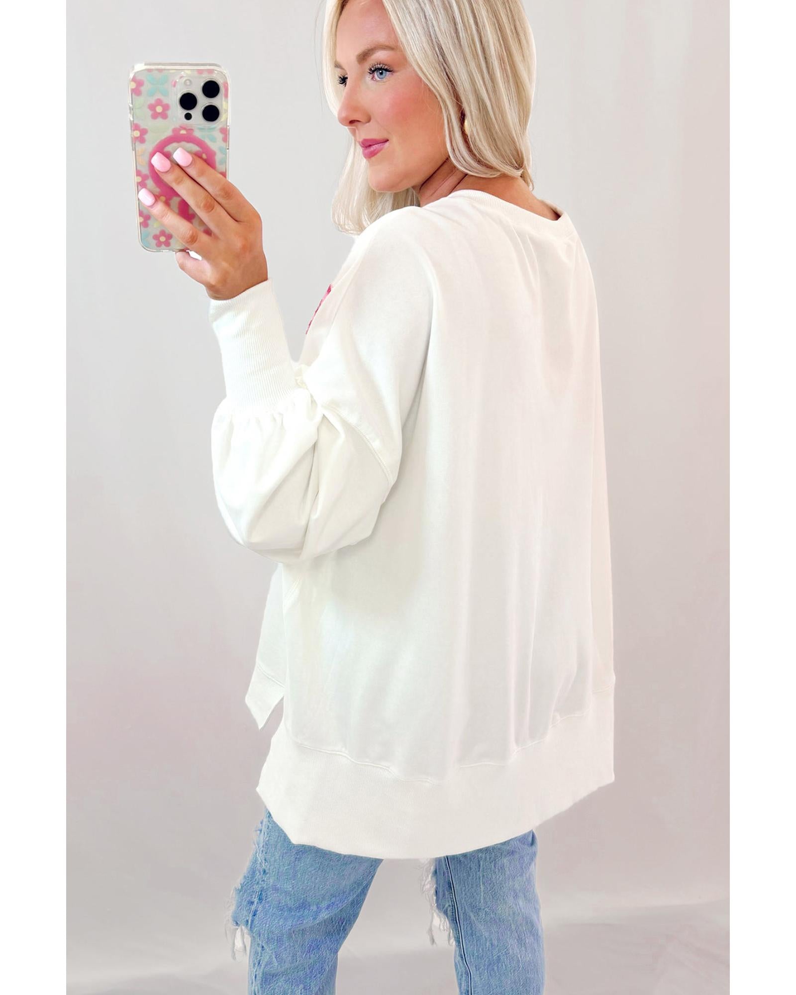 White Sequin Bowknot High Low Oversize Sweatshirt - M