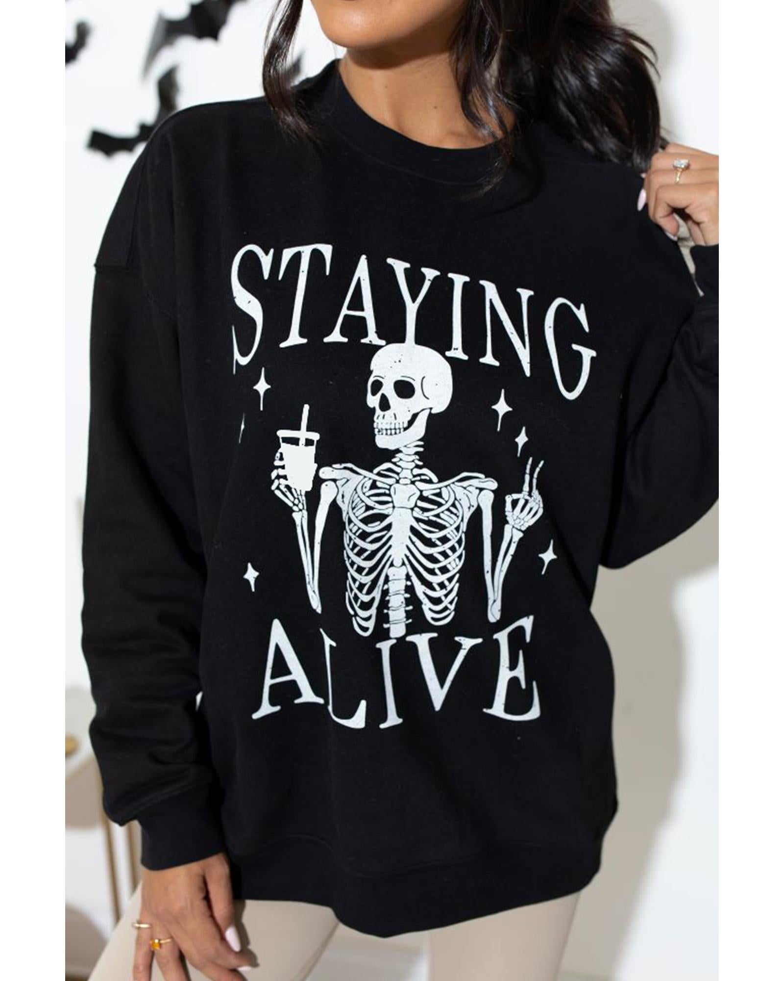 Black STAYING ALIVE Skull Graphic Crewneck Halloween Sweatshirt - M
