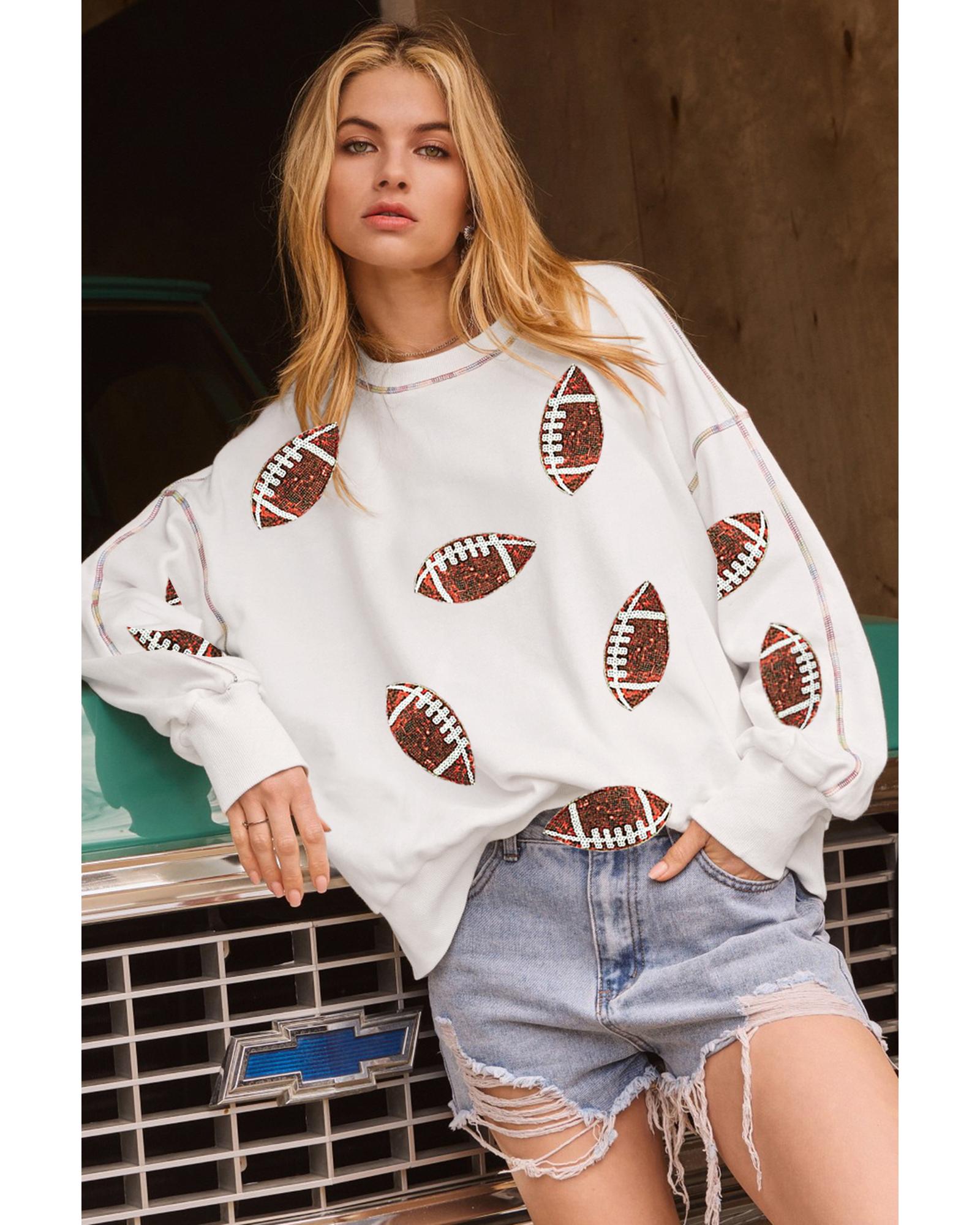 White Sequin Rugby Football Pattern Exposed Seam Game Day Sweatshirt - S