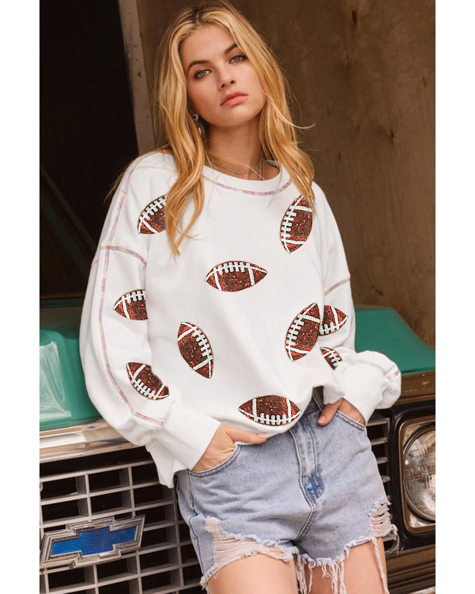 White Sequin Rugby Football Pattern Exposed Seam Game Day Sweatshirt - S