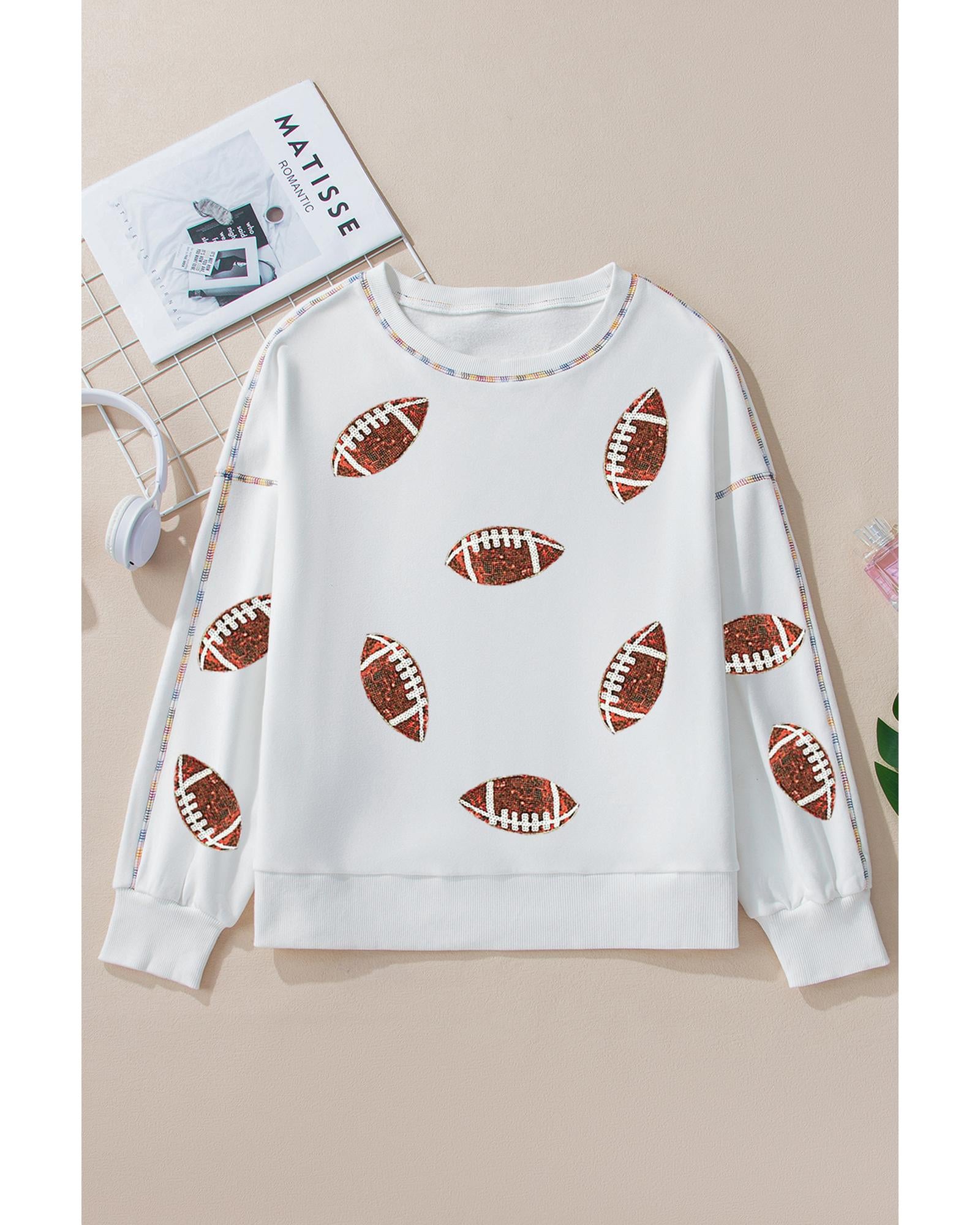 White Sequin Rugby Football Pattern Exposed Seam Game Day Sweatshirt - S