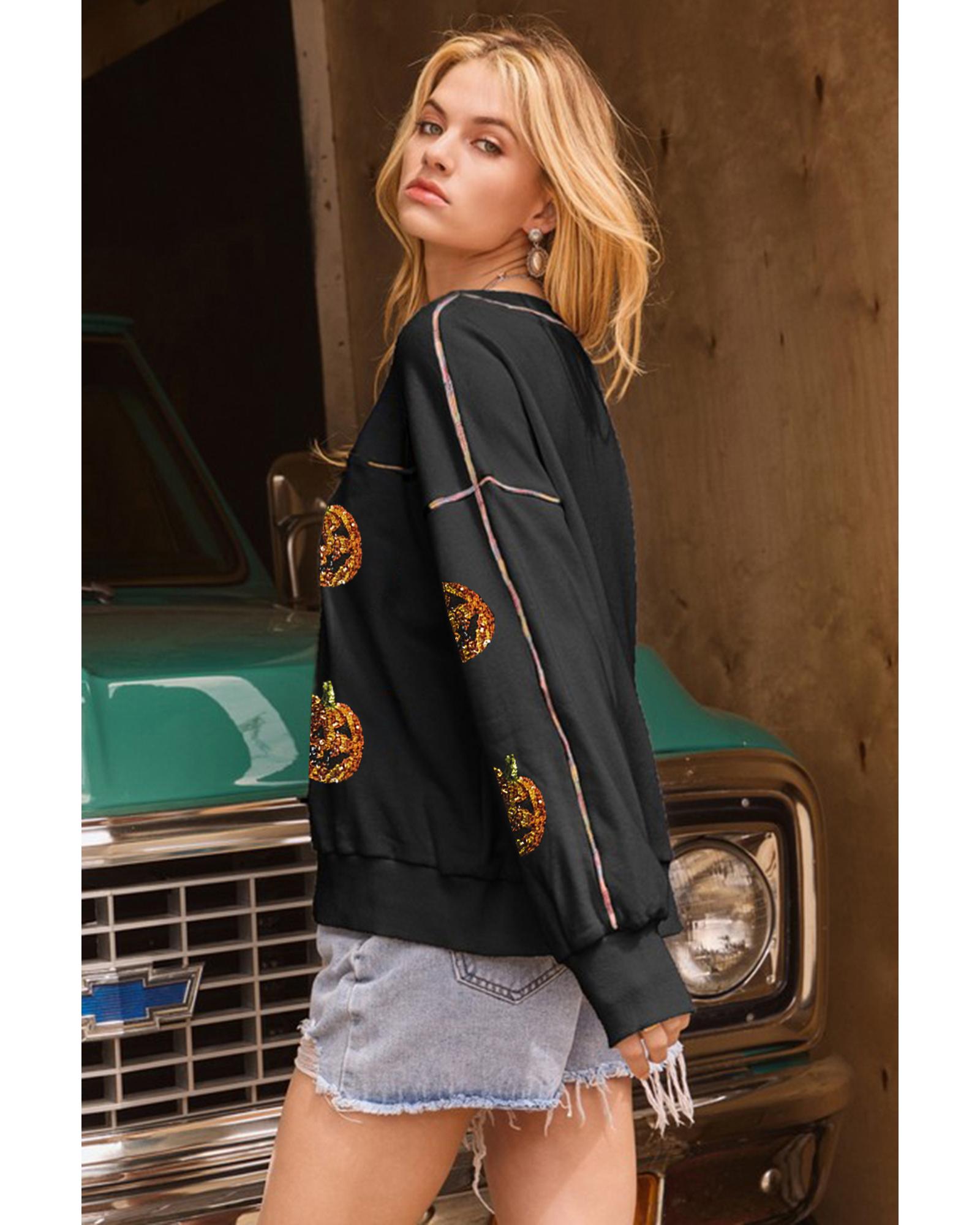 Black Sequin Pumpkin Face Graphic Exposed Seam Halloween Sweatshirt - L