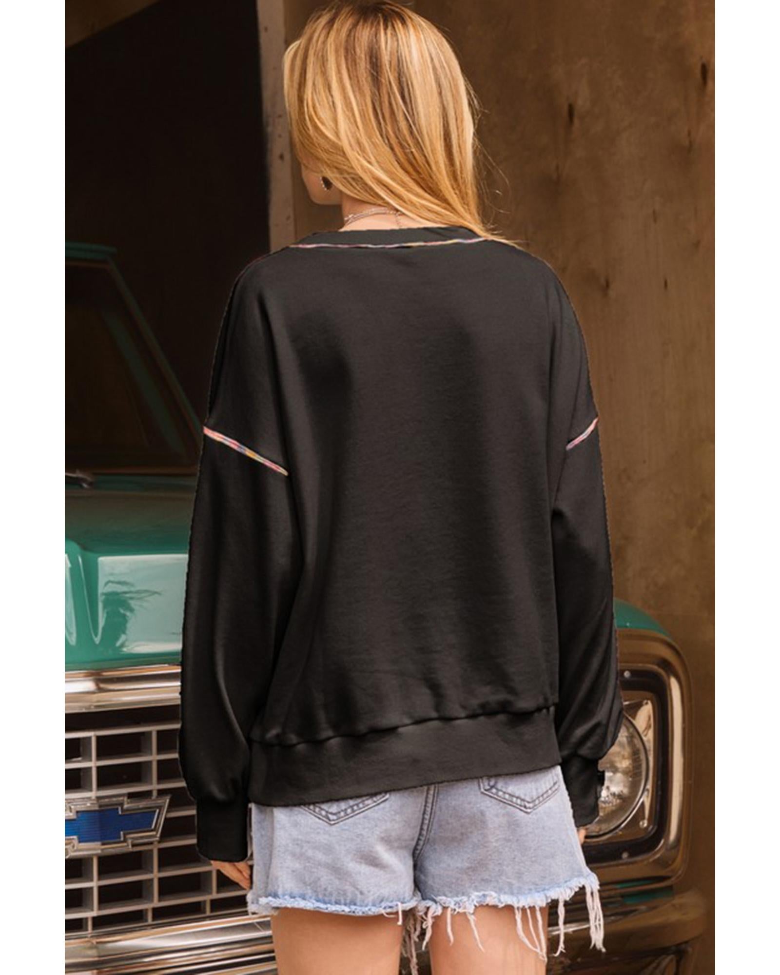 Black Sequin Pumpkin Face Graphic Exposed Seam Halloween Sweatshirt - XL