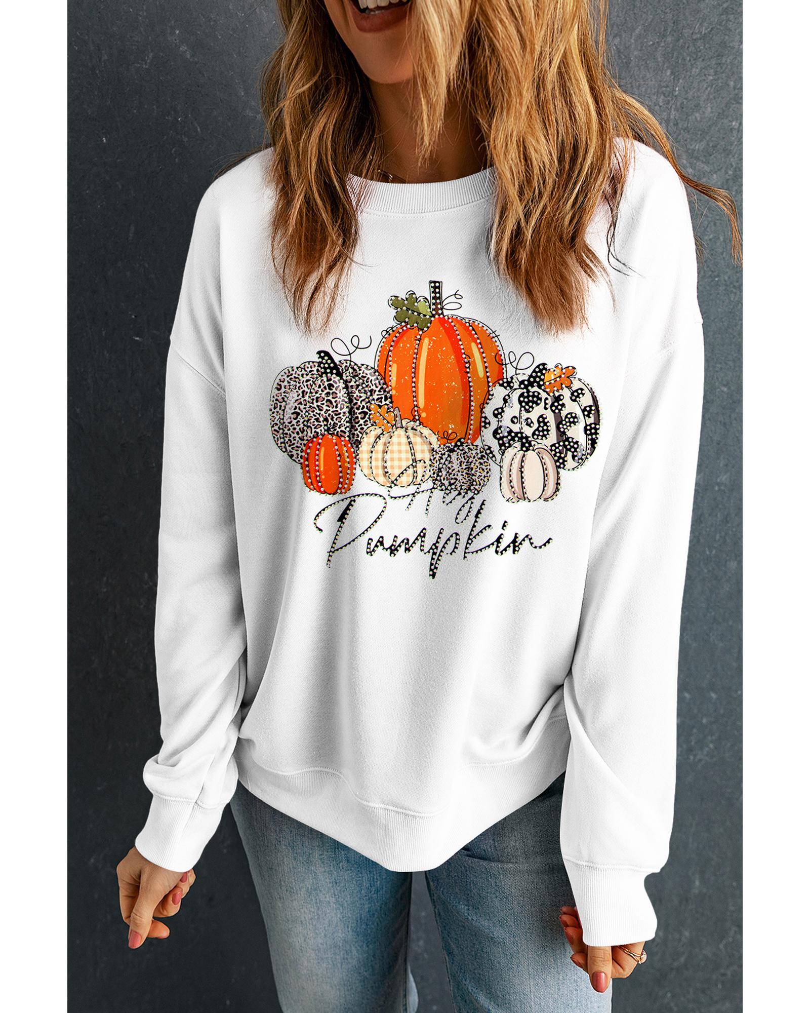 Beige Rhinestone Pumpkin Graphic Crewneck Thanksgiving Sweatshirt - L