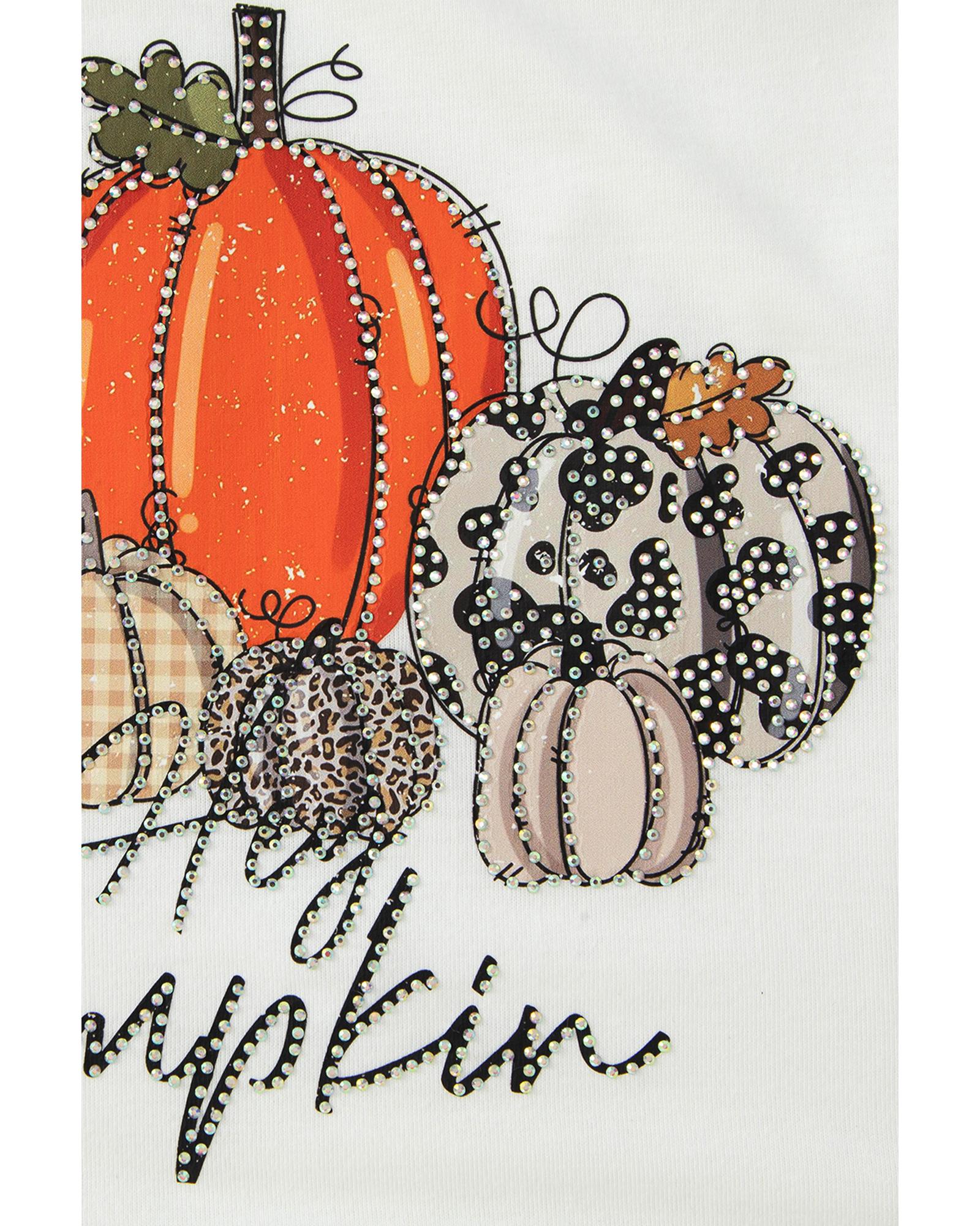 Beige Rhinestone Pumpkin Graphic Crewneck Thanksgiving Sweatshirt - M