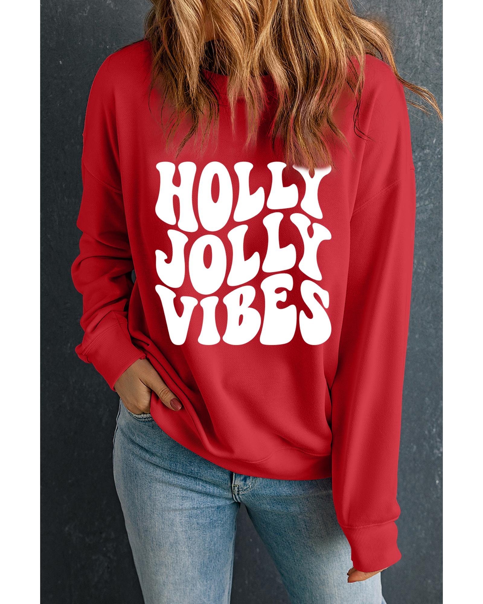 Red HOLLY JOLLY VIBES Graphic Crewneck Christmas Sweatshirt - S