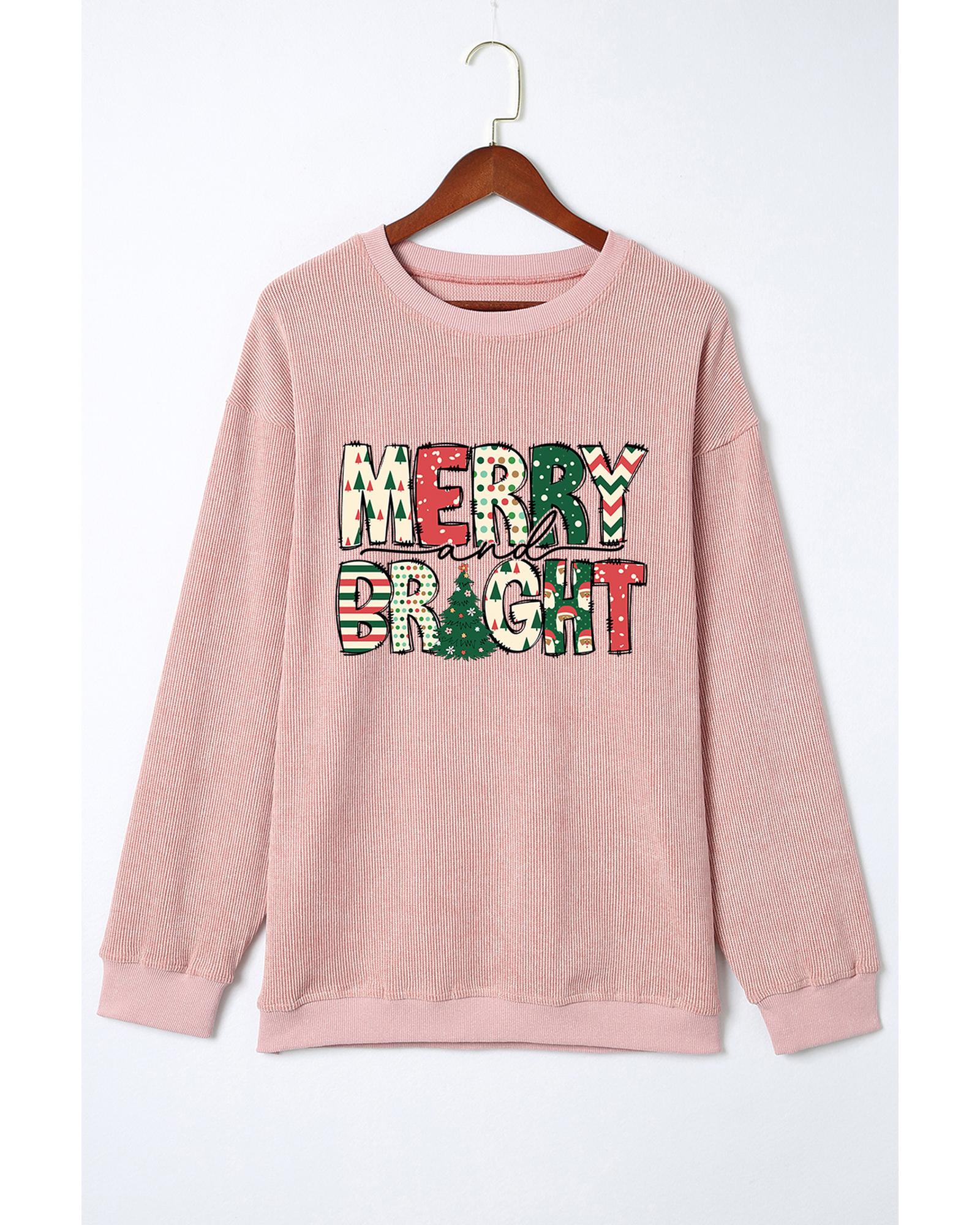Pink MERRY and BRIGHT Christmas Tree Print Ribbed Sweatshirt - S