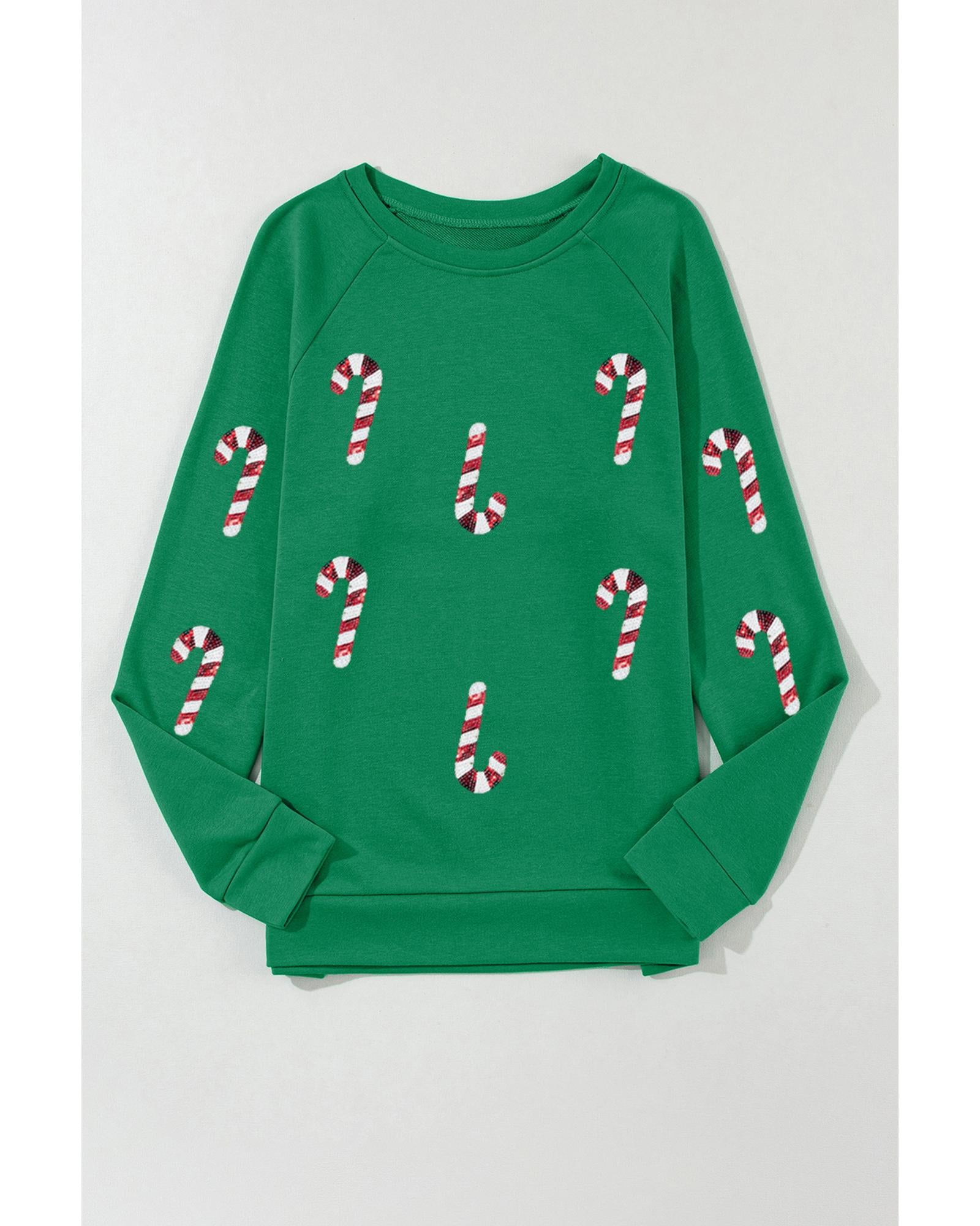 Green Sequin Christmas Candy Cane Graphic Crewneck Pullover Sweatshirt - S
