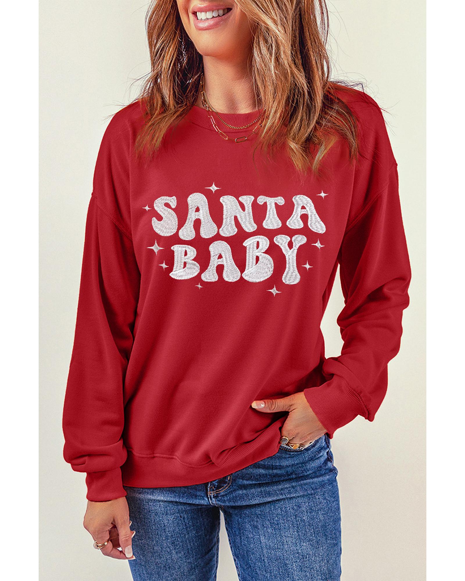 Red SANTA BABY Embroidered Crewneck Christmas Sweatshirt - M