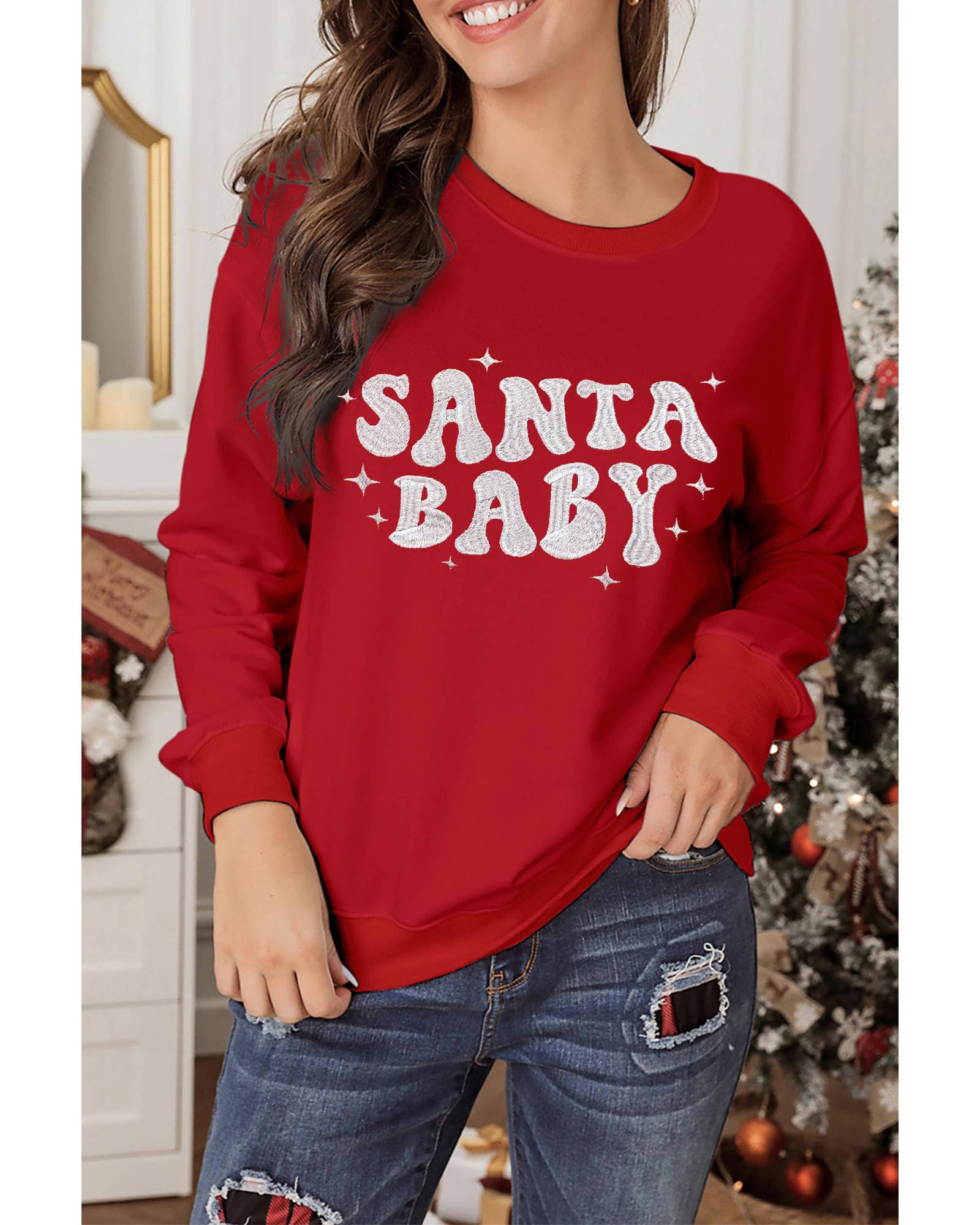 Red SANTA BABY Embroidered Crewneck Christmas Sweatshirt - M
