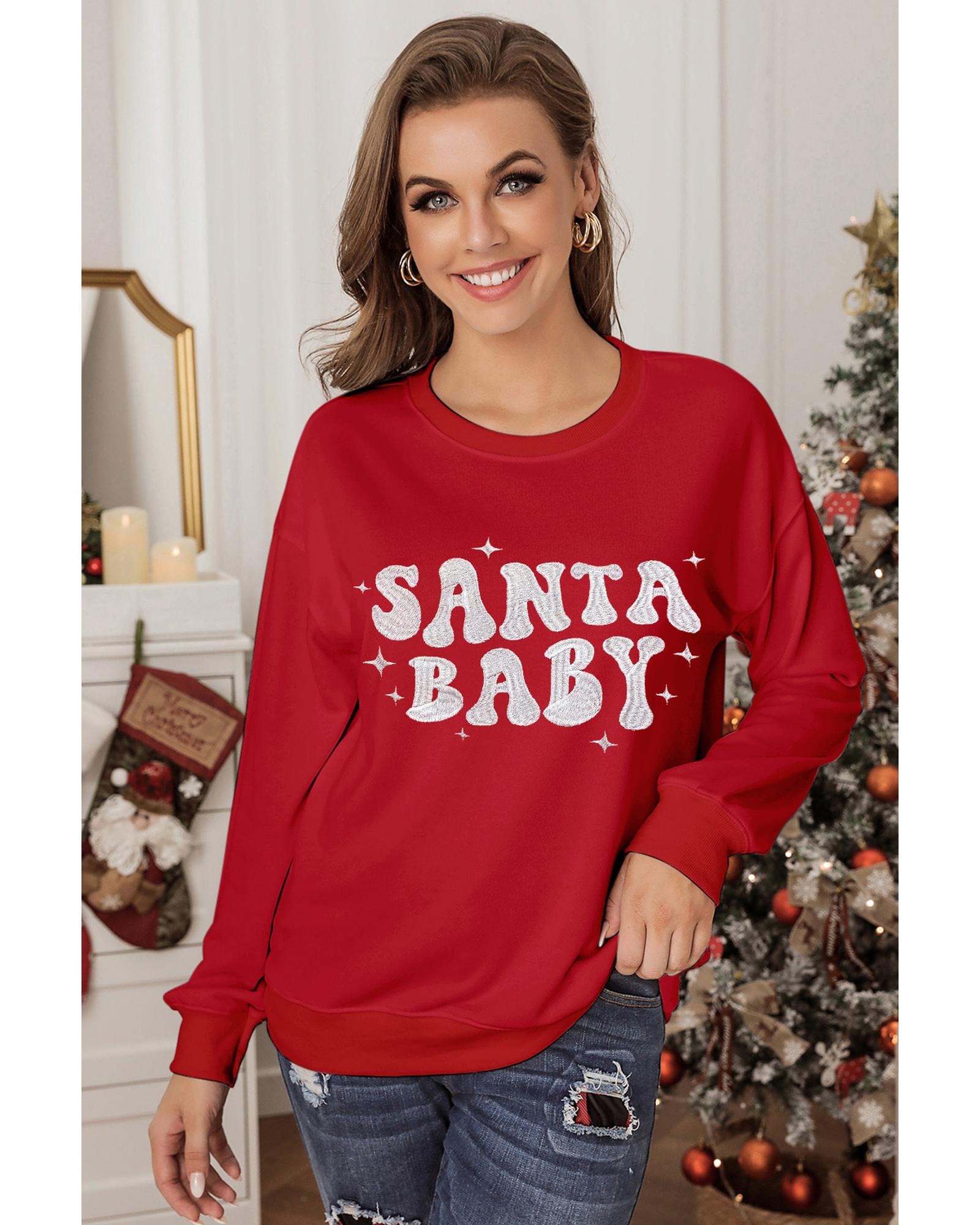 Red SANTA BABY Embroidered Crewneck Christmas Sweatshirt - M
