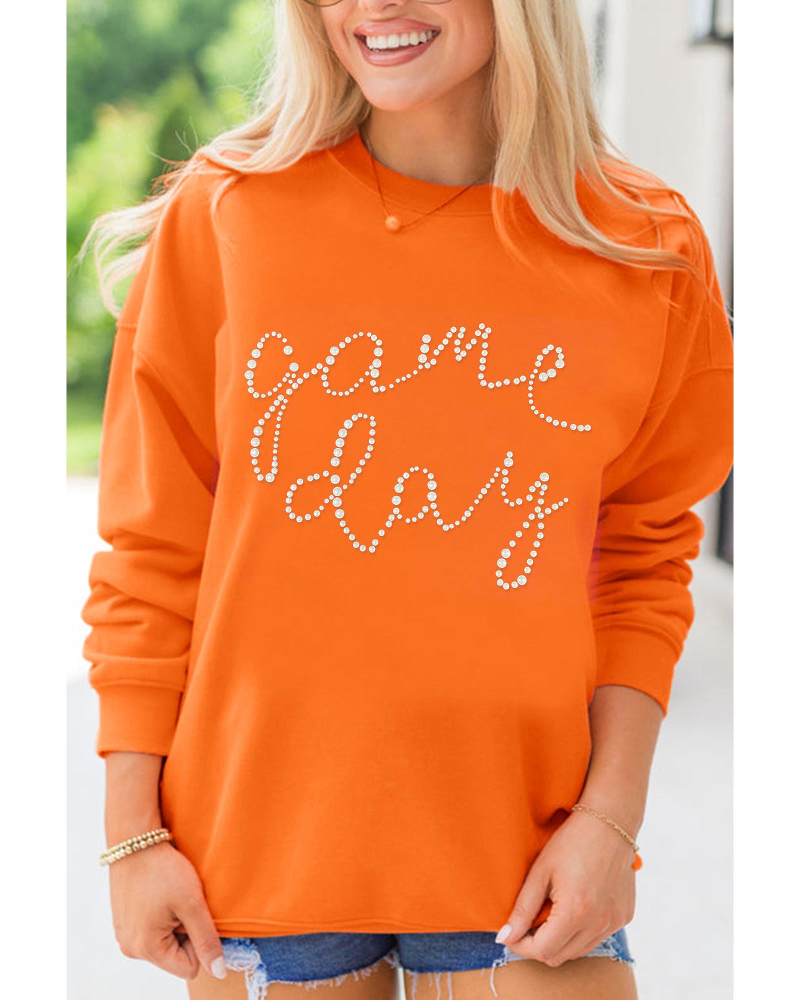 Orange Rhinestone game day Pattern Drop Shoulder Sweatshirt - M