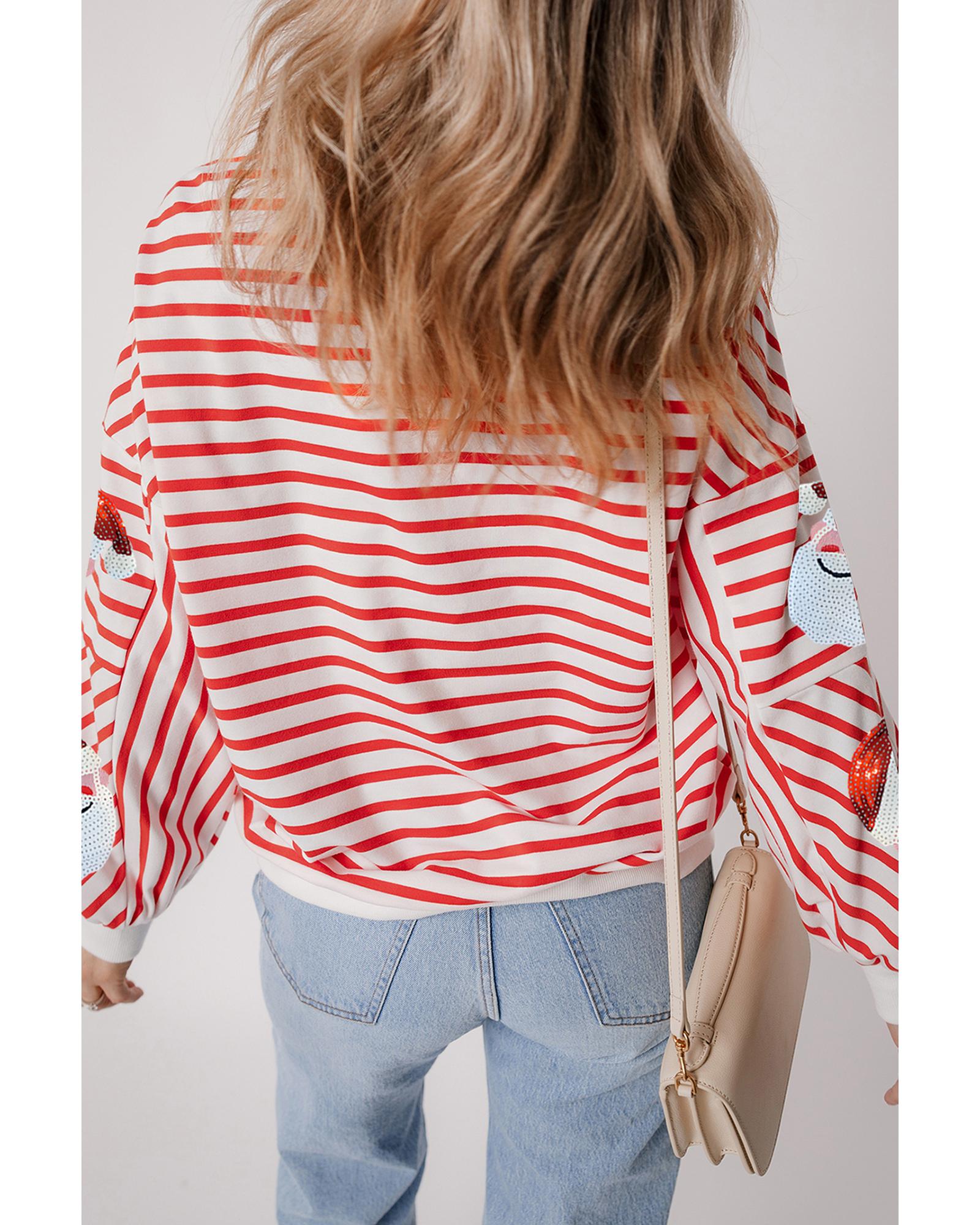 Orange Stripe Striped Sequin Santa Claus Pattern Christmas Pullover Sweatshirt - M