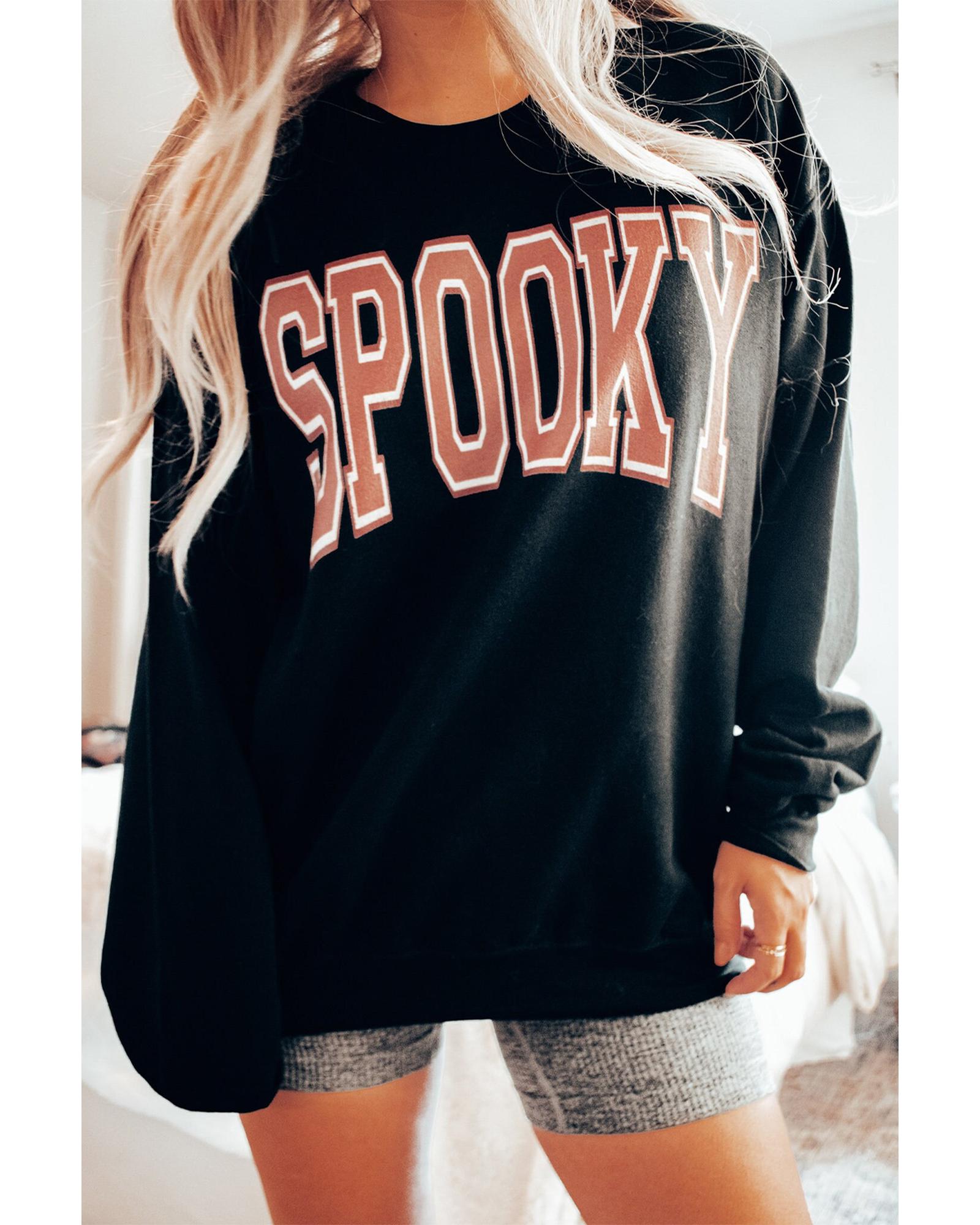 Black SPOOKY Graphic Drop Shoulder Halloween Pullover Sweatshirt - L