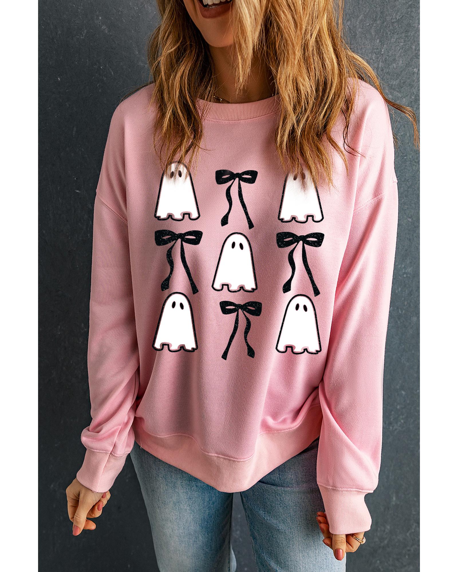 Pink Ghost Bowknot Printed Drop Shoulder Halloween Sweatshirt - S