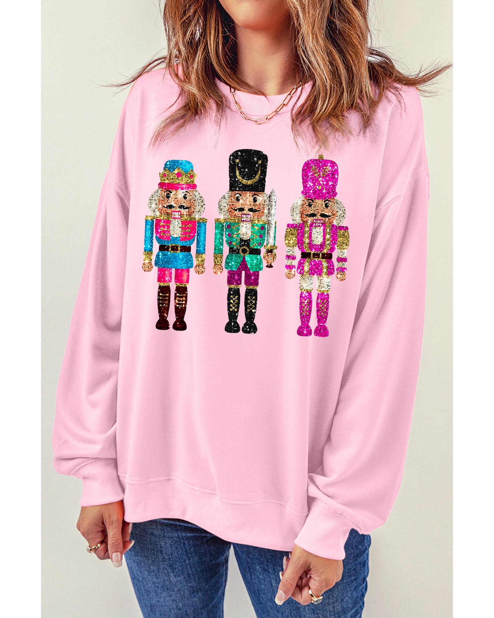 Pink Cute Nutcracker Printed Drop Shoulder Christmas Sweatshirt - 2XL