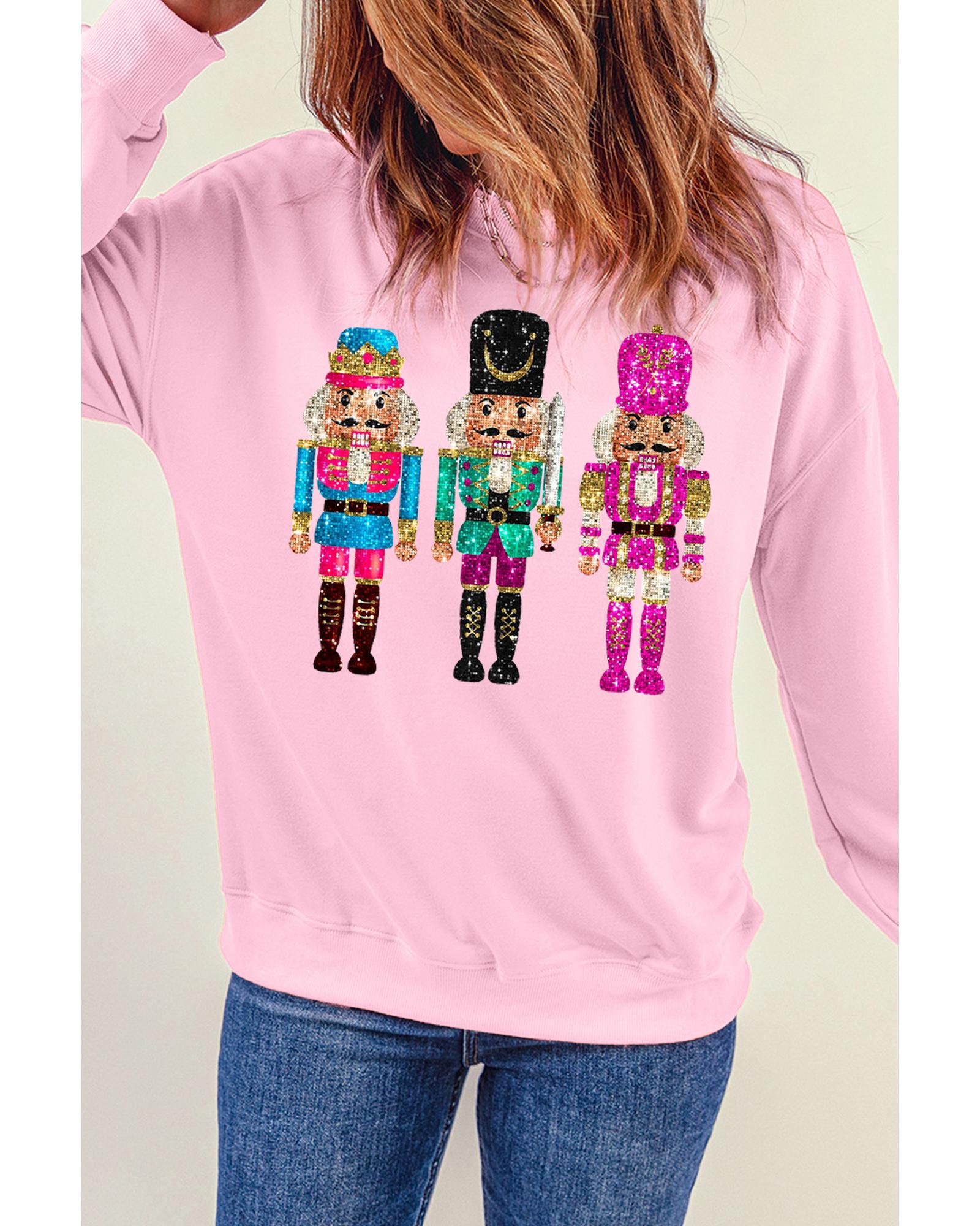 Pink Cute Nutcracker Printed Drop Shoulder Christmas Sweatshirt - 2XL