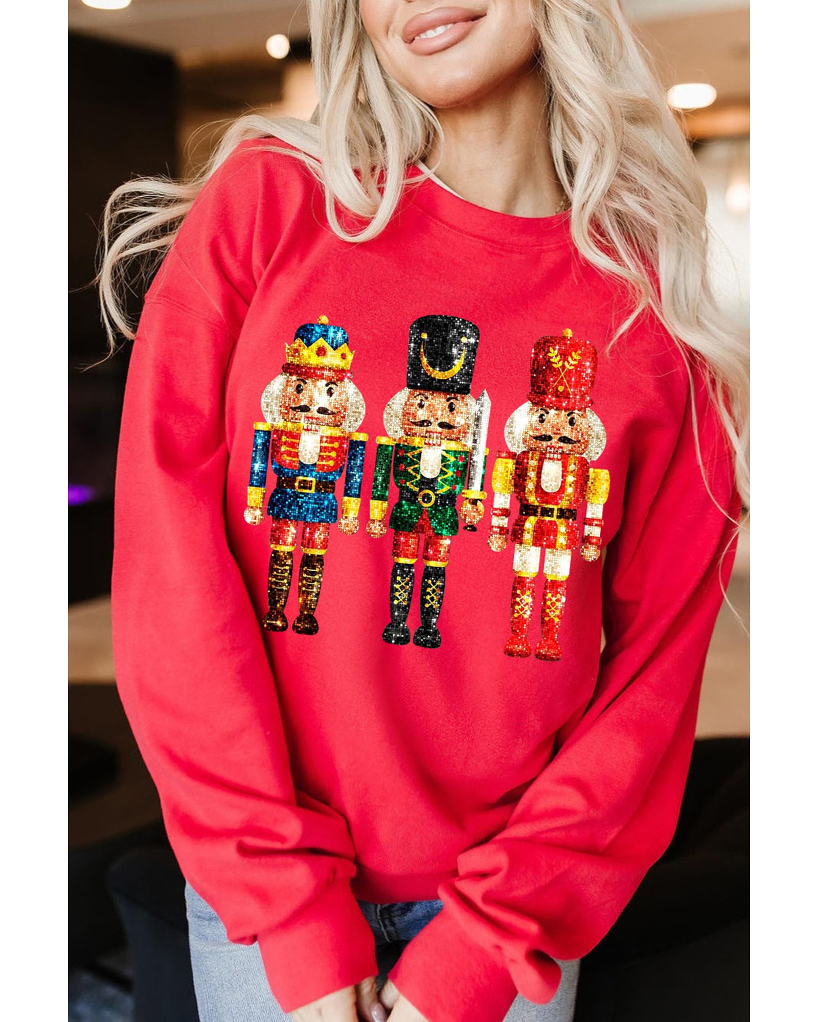 Red Christmas Metallic Nutcracker Graphic Crew Neck Sweatshirt - M