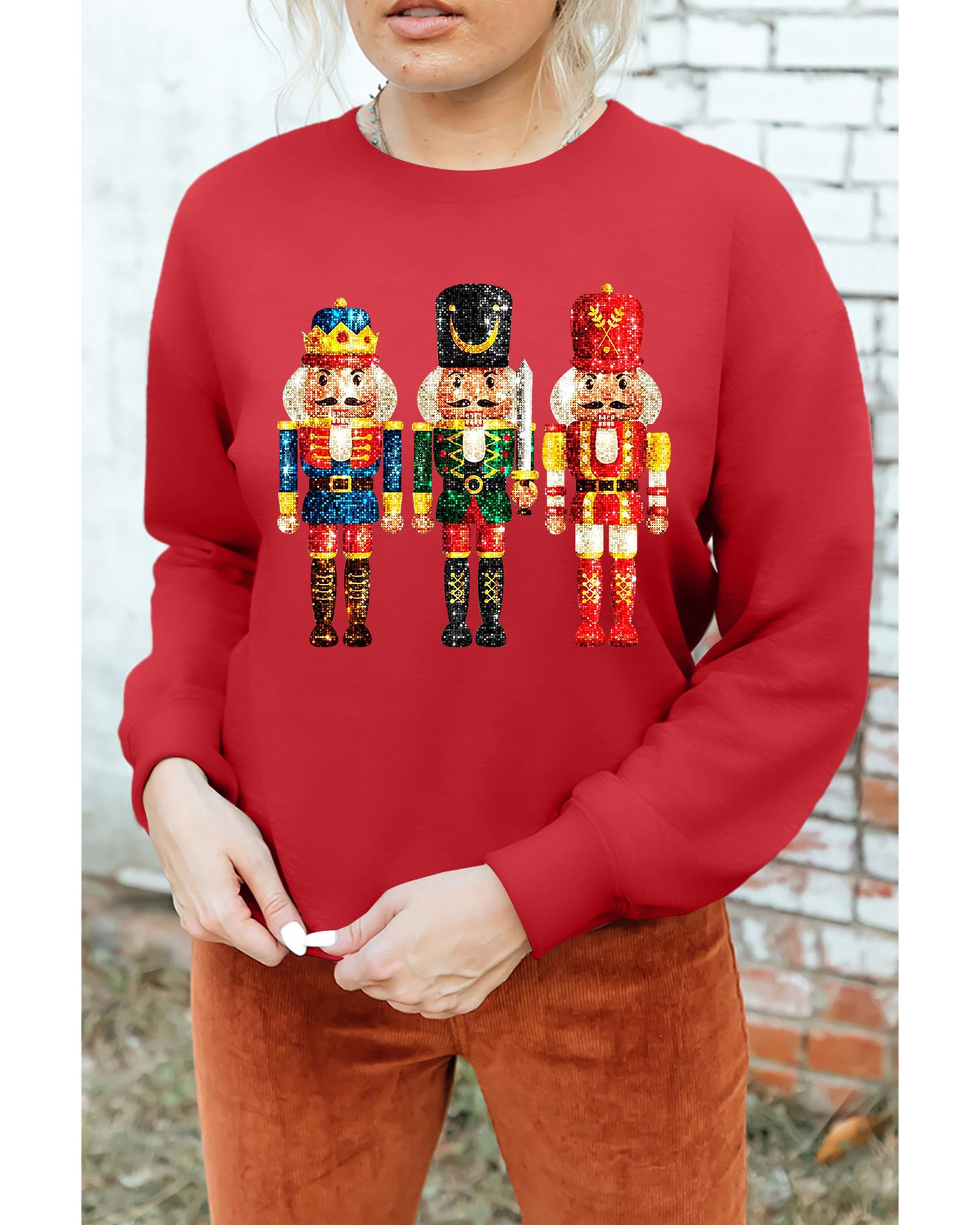 Red Christmas Metallic Nutcracker Graphic Crew Neck Sweatshirt - M