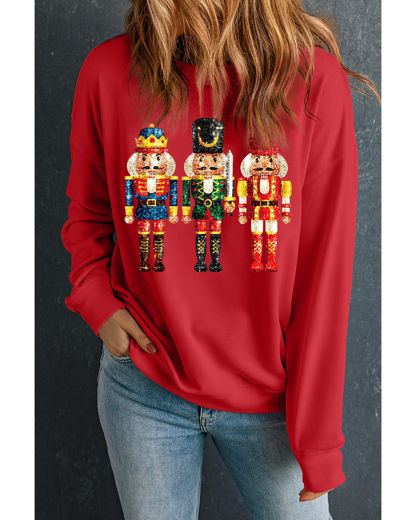 Red Christmas Metallic Nutcracker Graphic Crew Neck Sweatshirt - M
