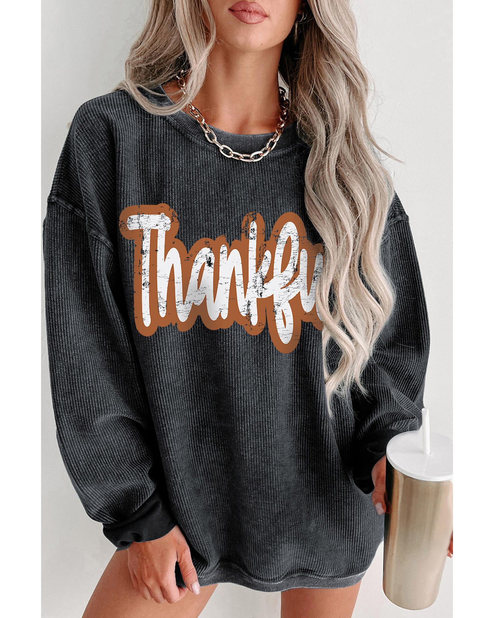 Black Thankful Printed Drop Shoulder Corded Thanksgiving Sweatshirt - M