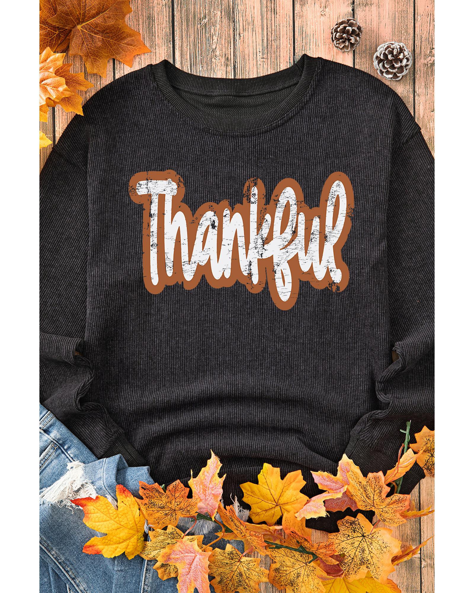 Black Thankful Printed Drop Shoulder Corded Thanksgiving Sweatshirt - S
