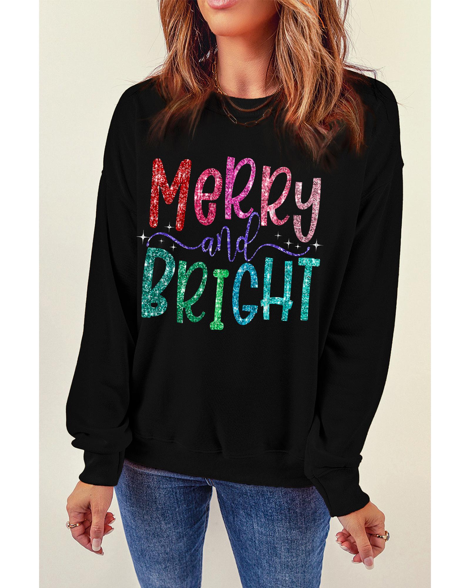 Black Glittering Merry and Bright Graphic Christmas Pullover Sweatshirt - M