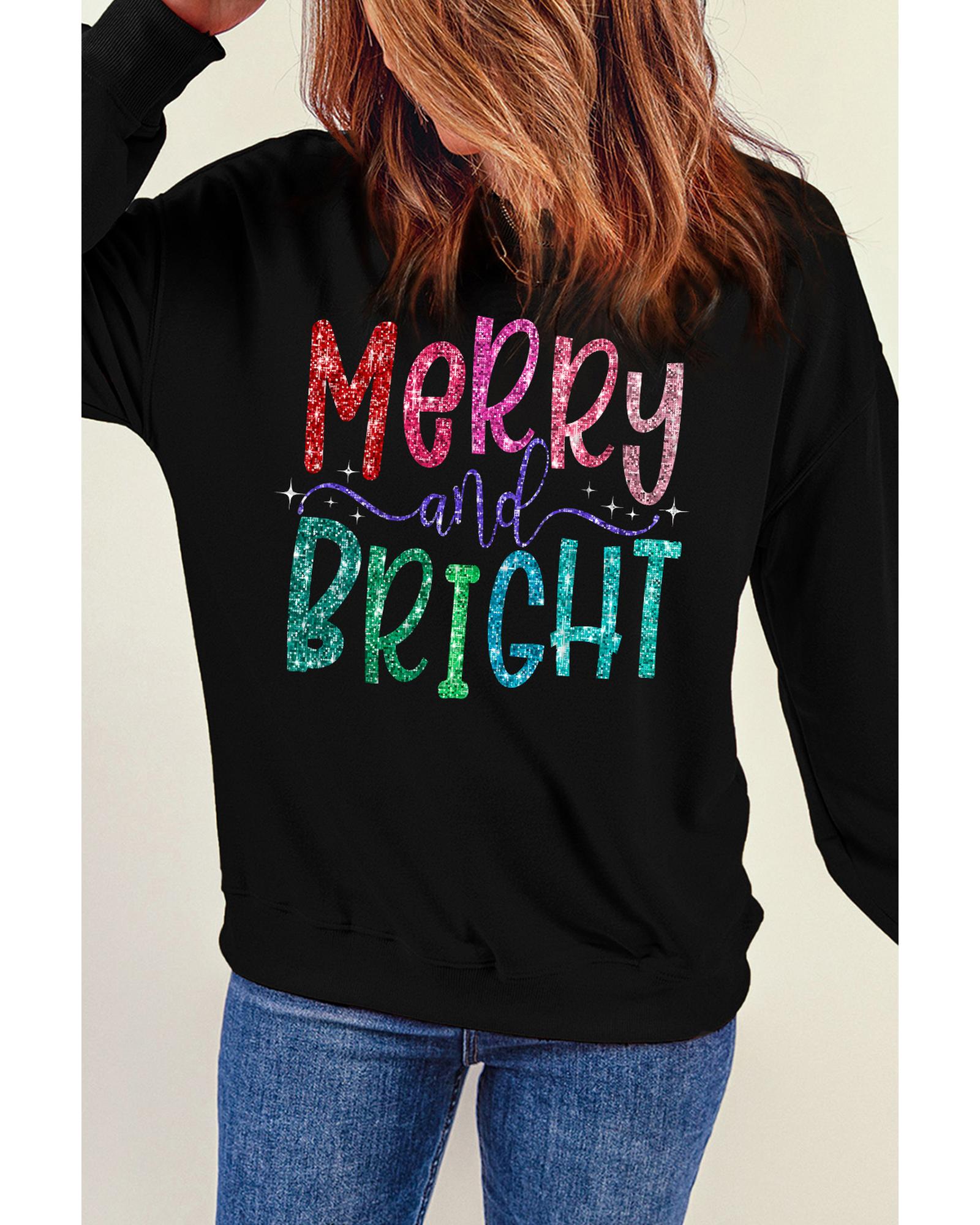 Black Glittering Merry and Bright Graphic Christmas Pullover Sweatshirt - XL