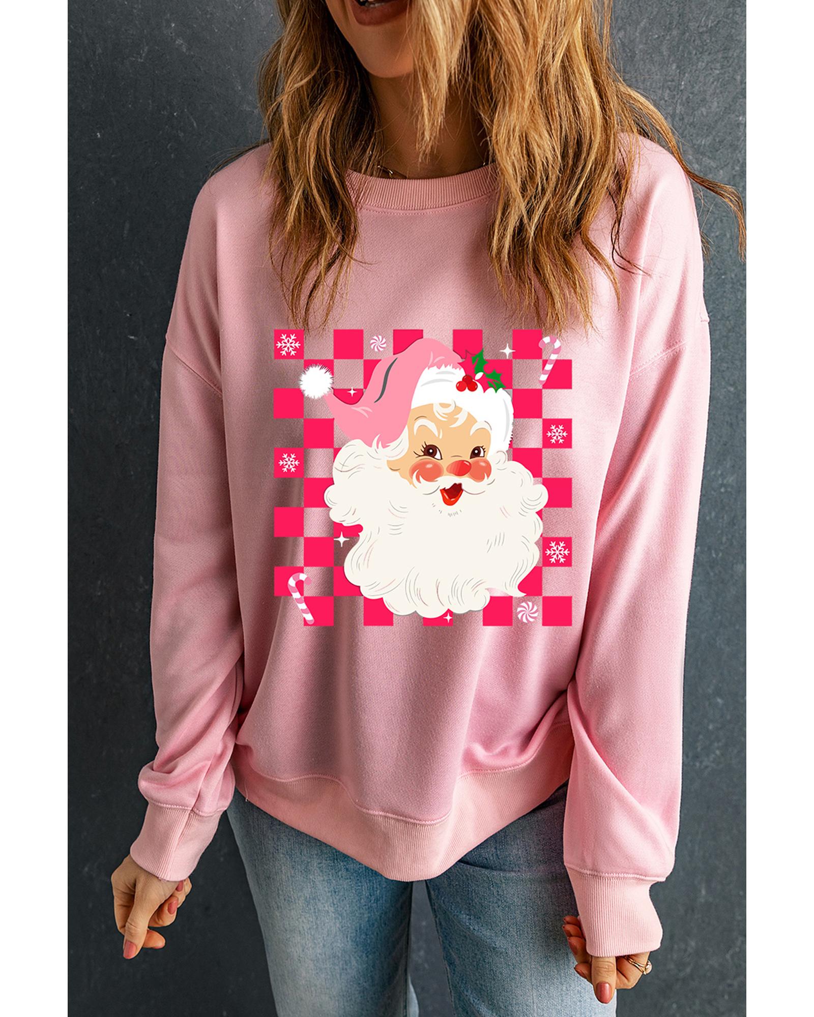 Pink Fancy Checkered Father Christmas Graphic Sweatshirt - 2XL