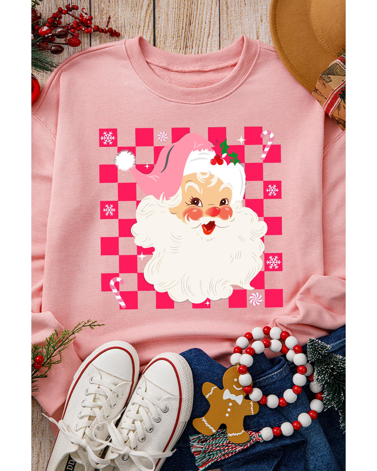 Pink Fancy Checkered Father Christmas Graphic Sweatshirt - XL