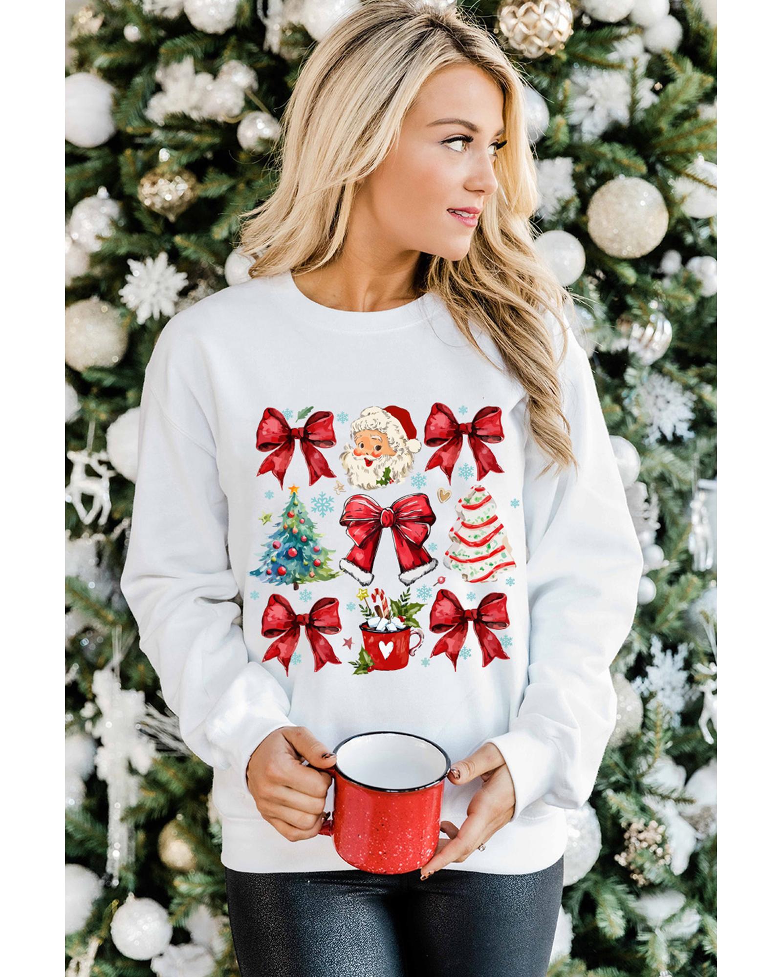 Beige Christmas Tree Bowknot Santa Clause Graphic Holiday Sweatshirt - S