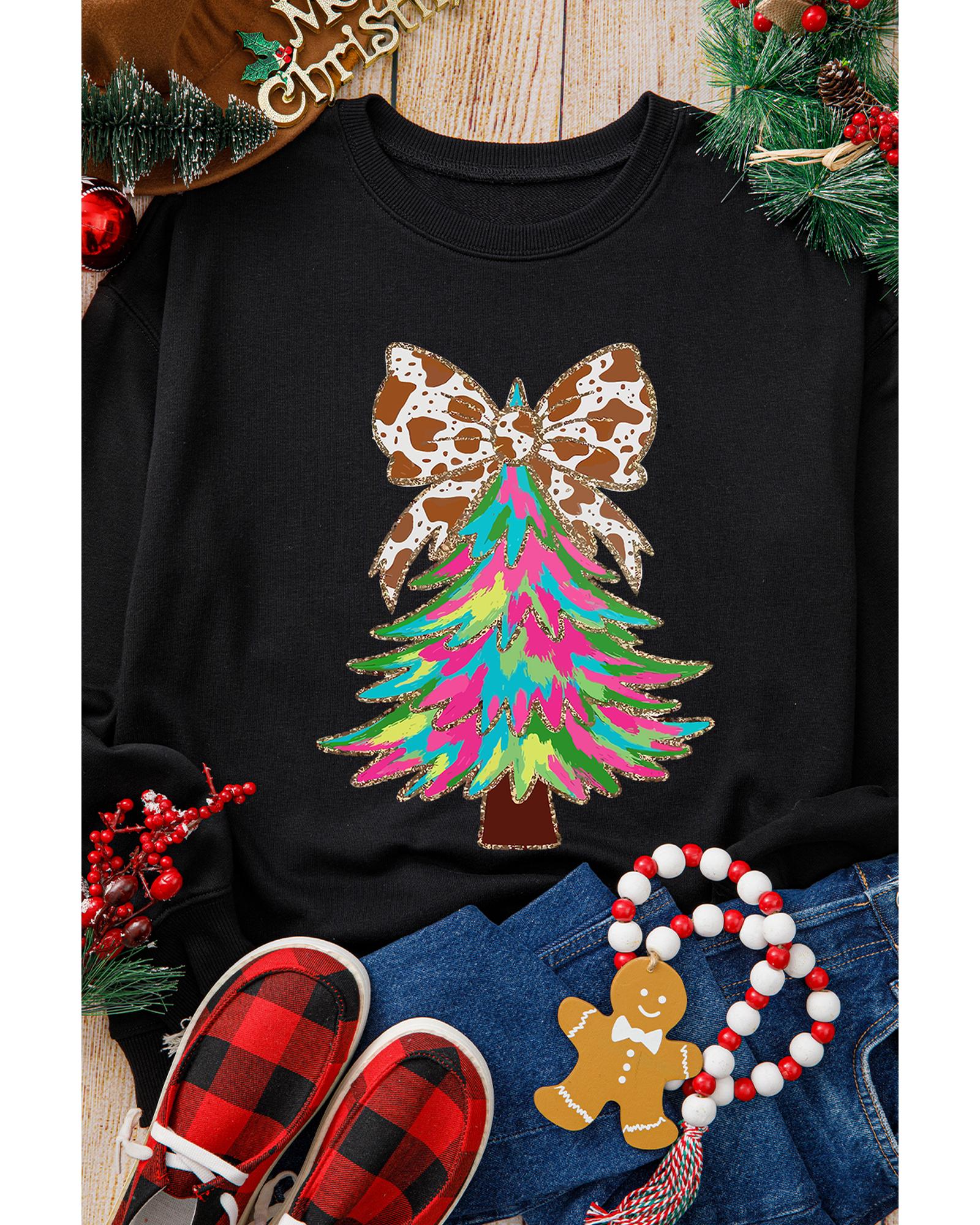 Black Bowknot Christmas Tree Shiny Graphic Sweatshirt - S