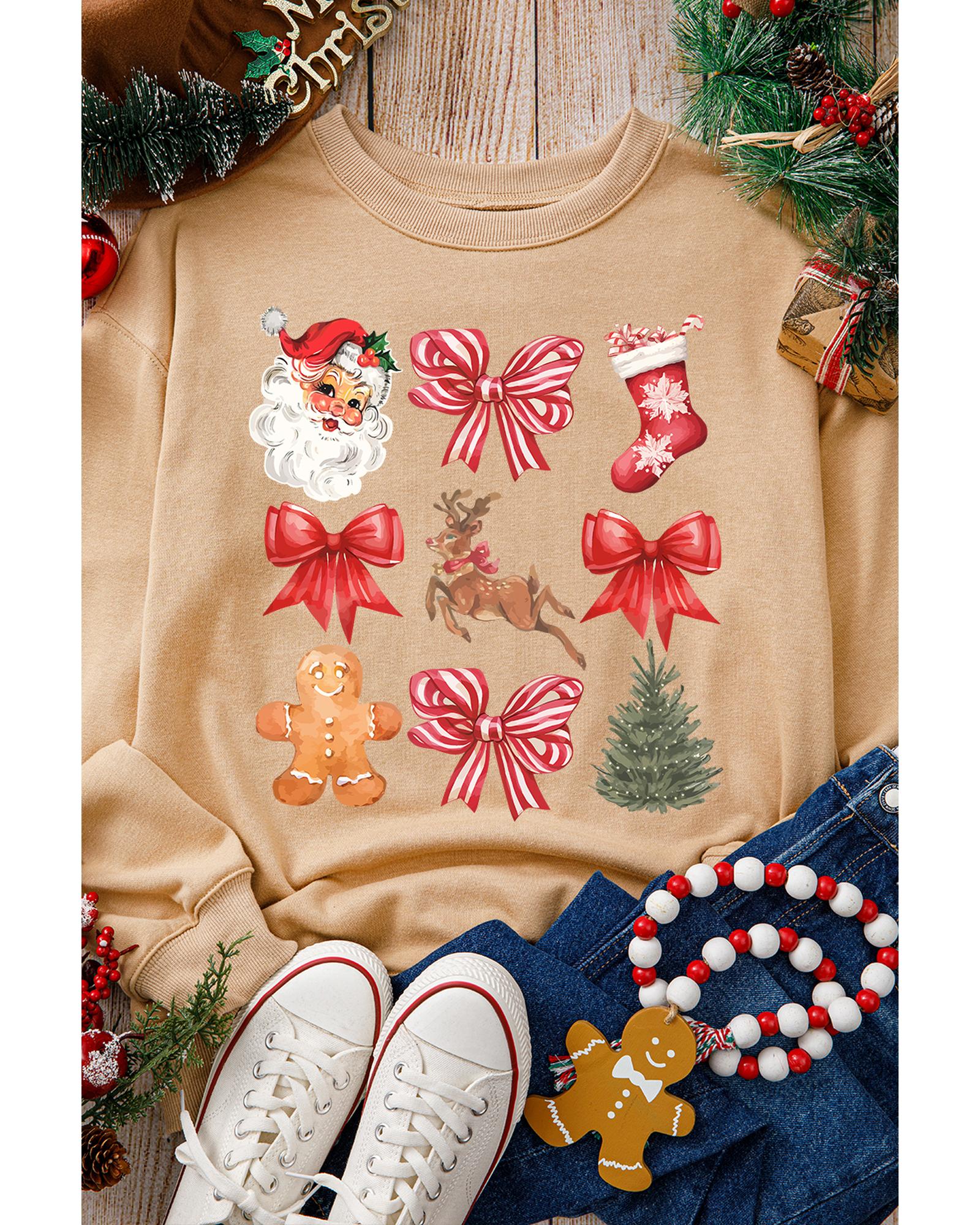 Khaki Christmas Pattern Graphic Crew Neck Sweatshirt - S