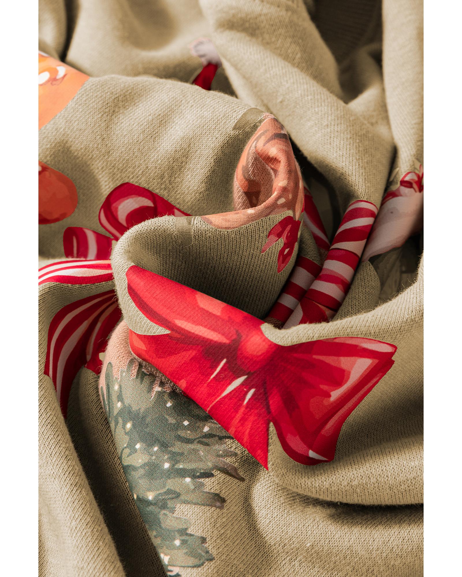 Khaki Christmas Pattern Graphic Crew Neck Sweatshirt - XL