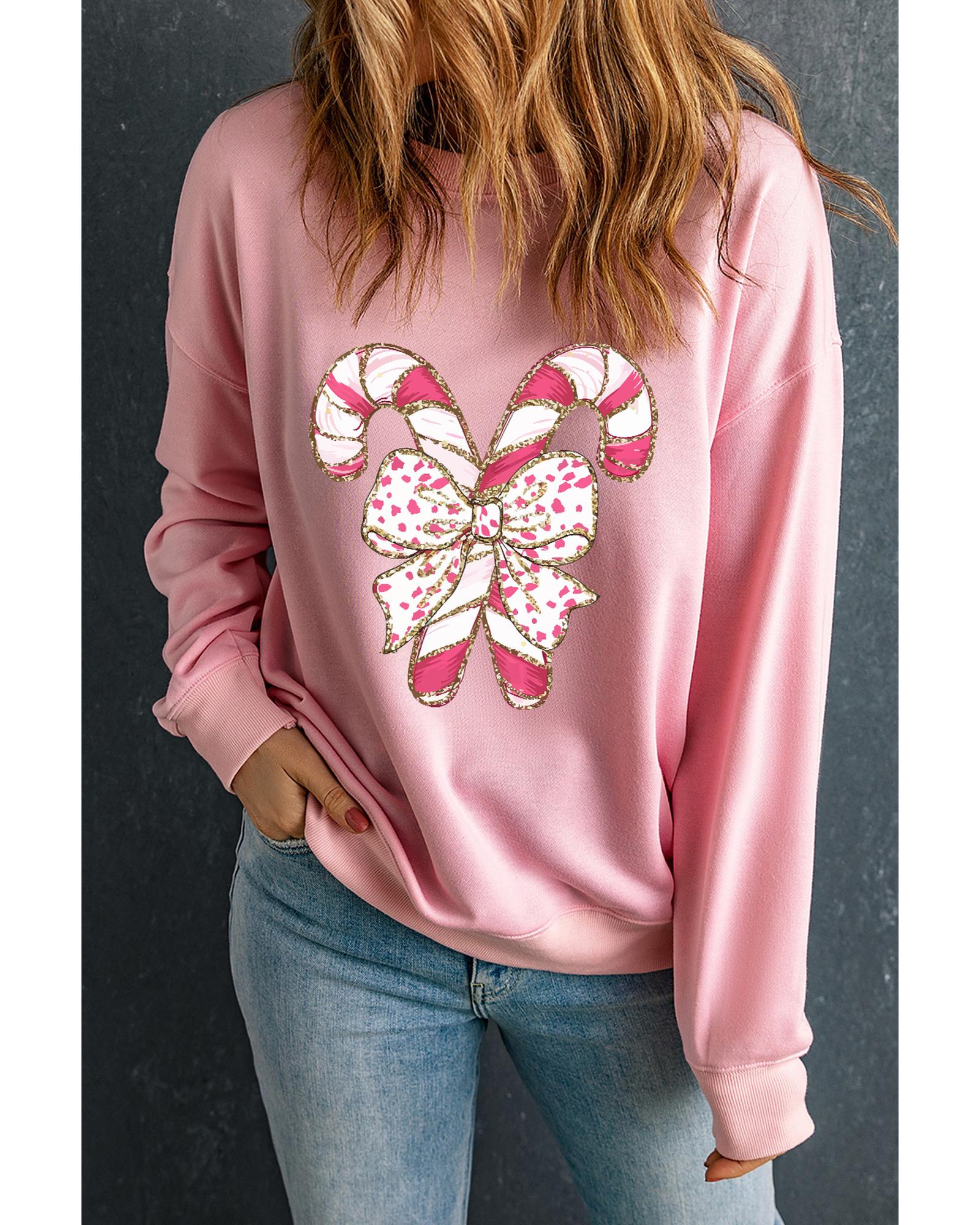 Pink Christmas Bow Candy Cane Graphic Drop Shoulder Crew Neck Sweatshirt - 2XL