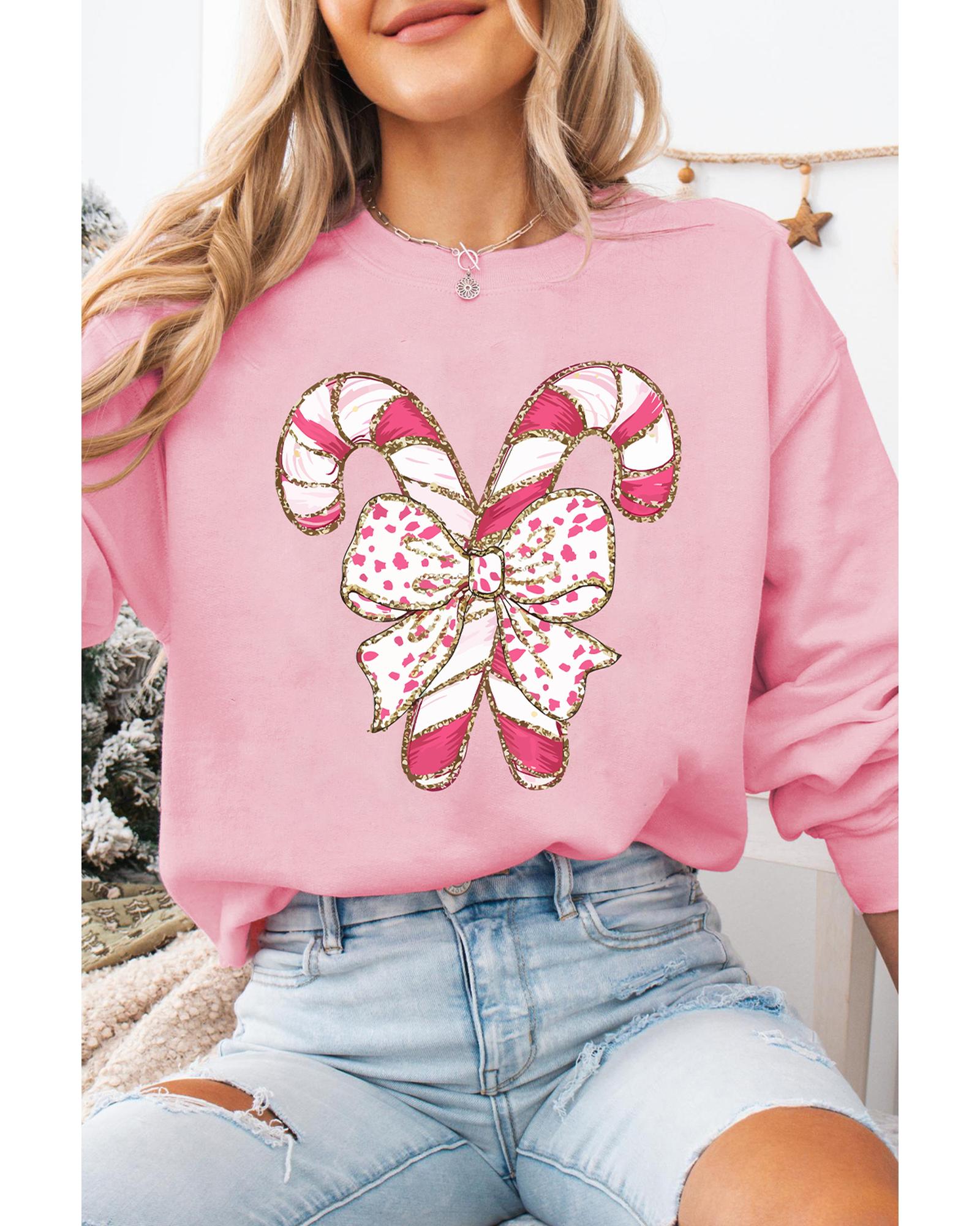 Pink Christmas Bow Candy Cane Graphic Drop Shoulder Crew Neck Sweatshirt - 2XL