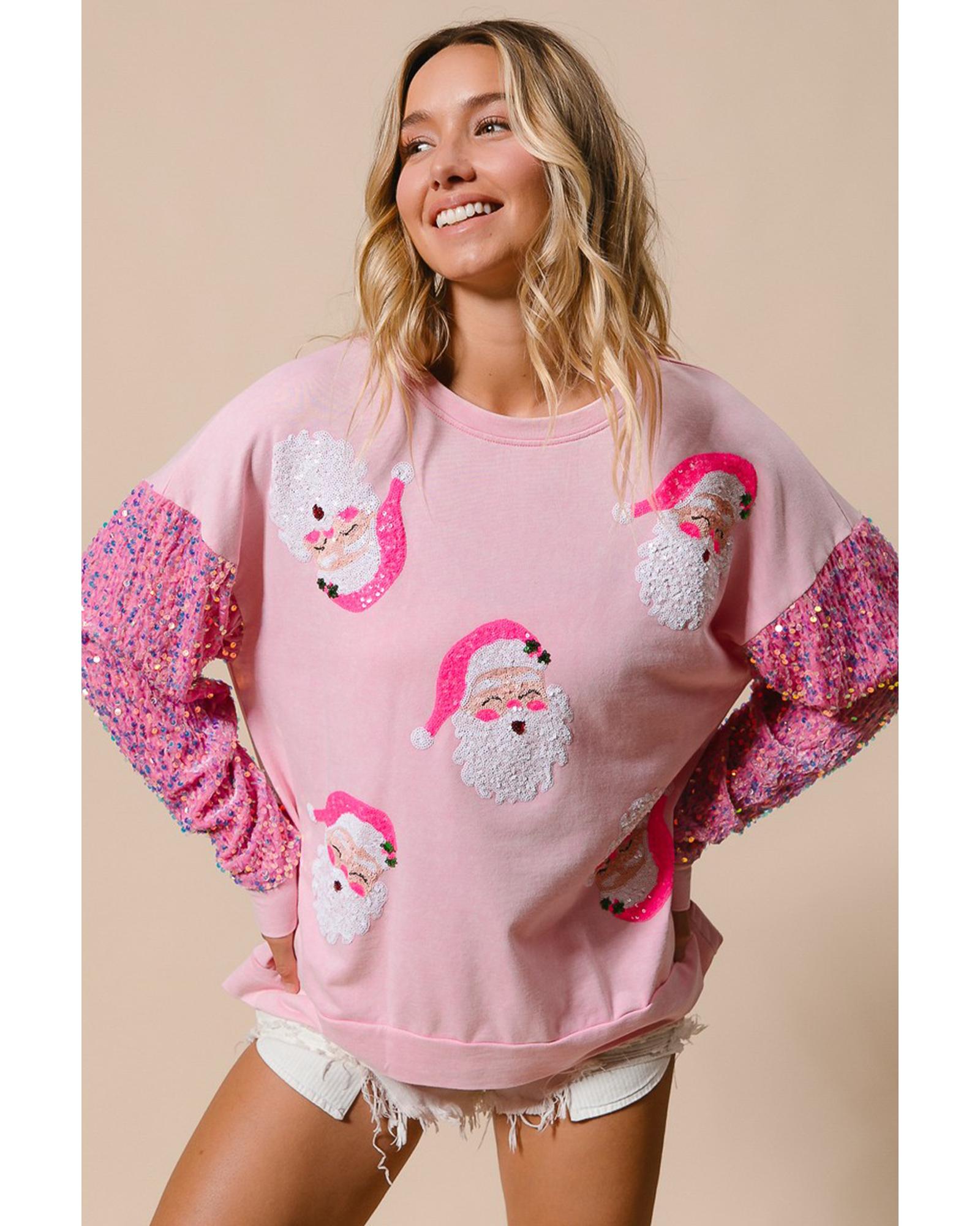 Pink Sequined Santa Claus Long Sleeve Christmas Sweatshirt - L