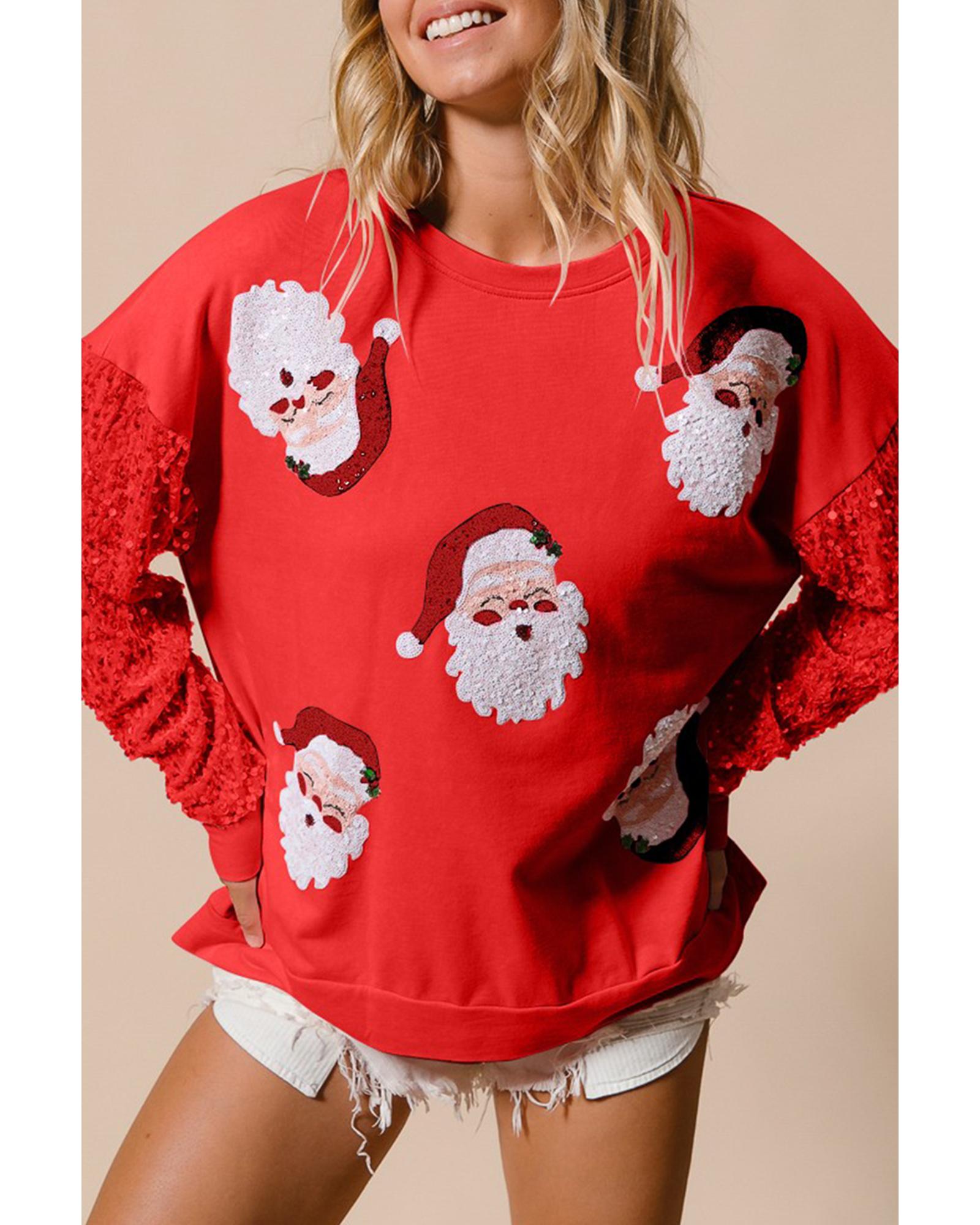 Fiery Red Sequined Santa Claus Long Sleeve Christmas Sweatshirt - M