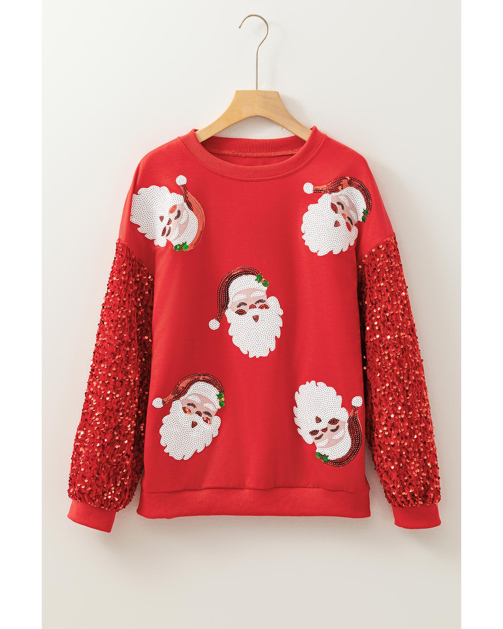 Fiery Red Sequined Santa Claus Long Sleeve Christmas Sweatshirt - XL