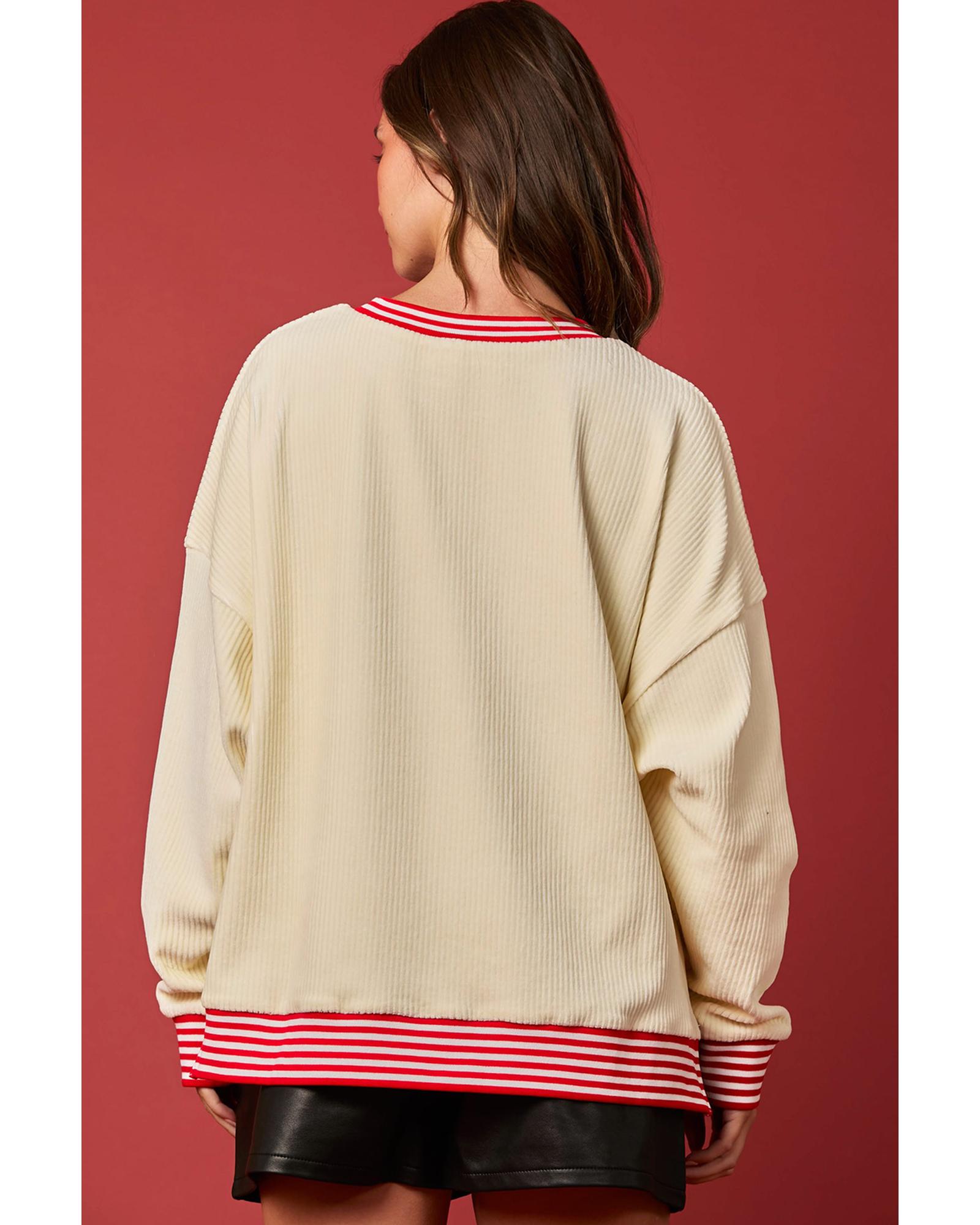 Beige Santa Skiing Graphic Striped Trim Corded Sweatshirt - M