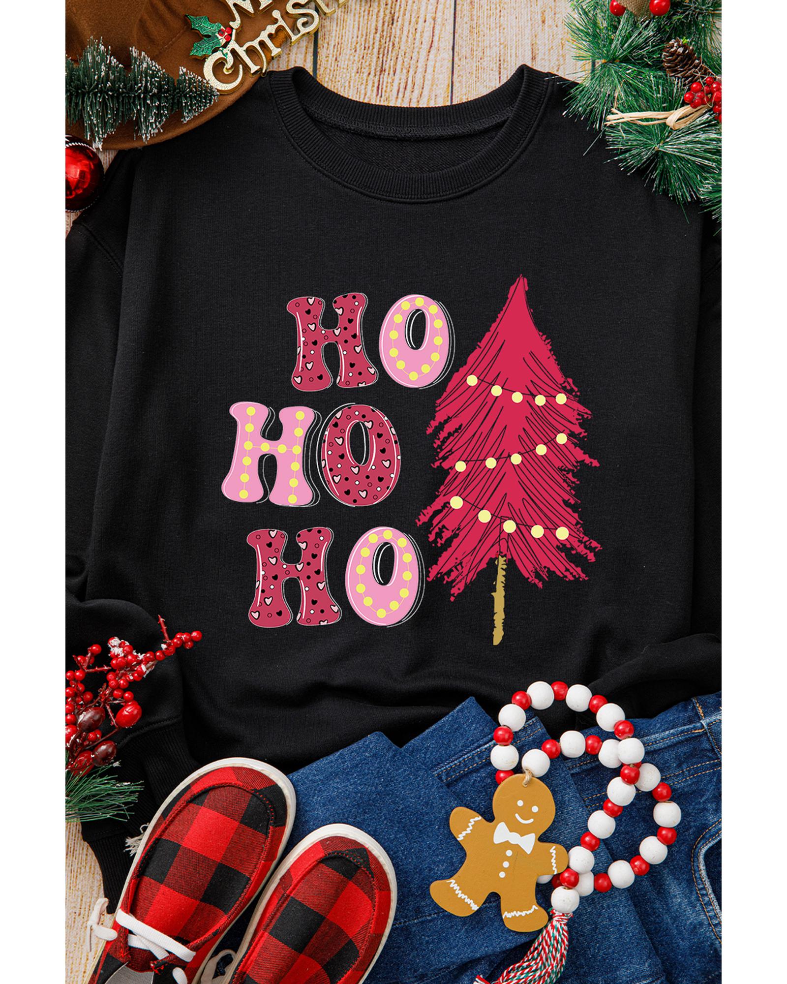 Black HO HO HO Christmas Tree Graphic Pullover Sweatshirt - M