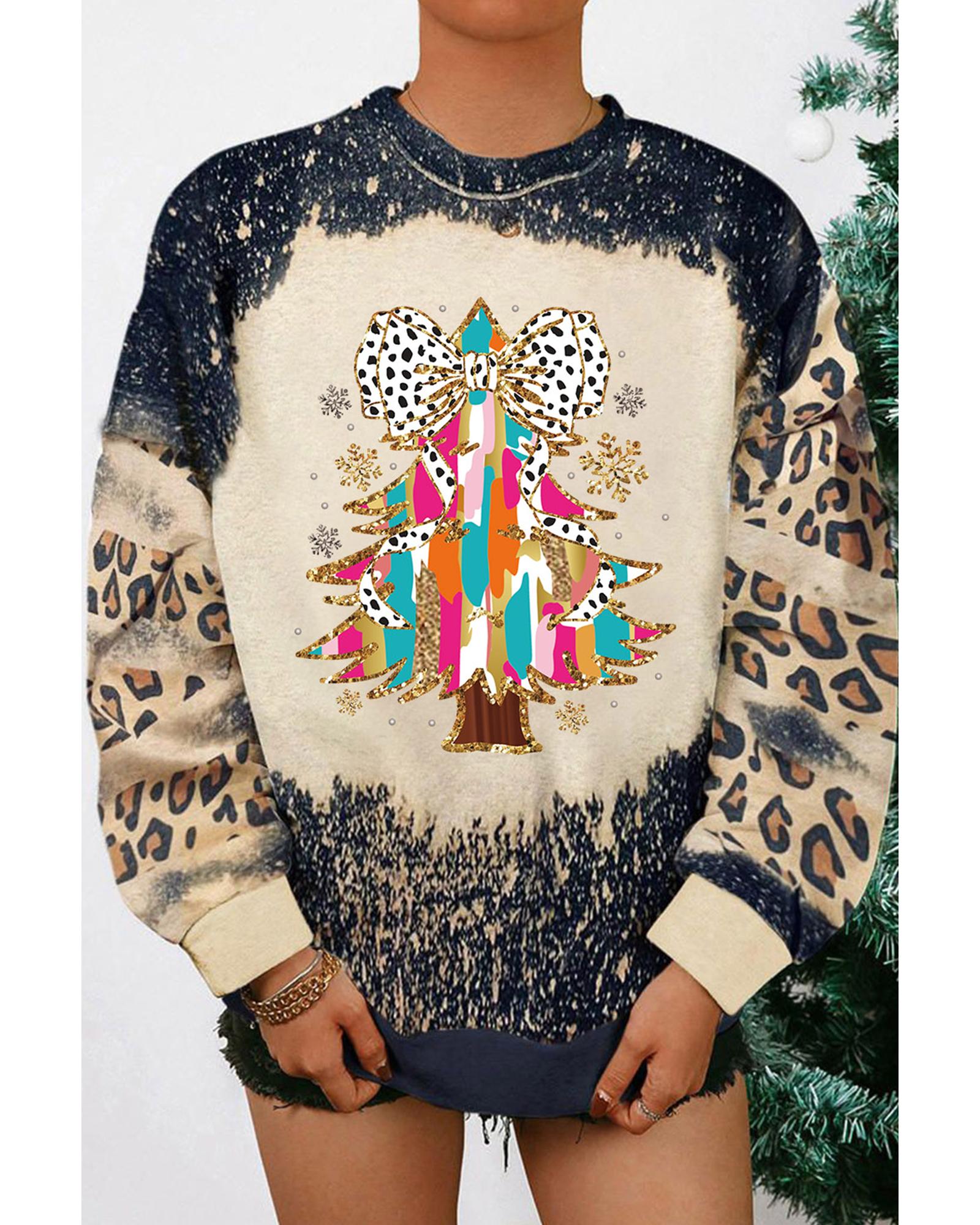 Black Christmas Tree Graphic Bleached Leopard Tie Dye Sweatshirt - 2XL