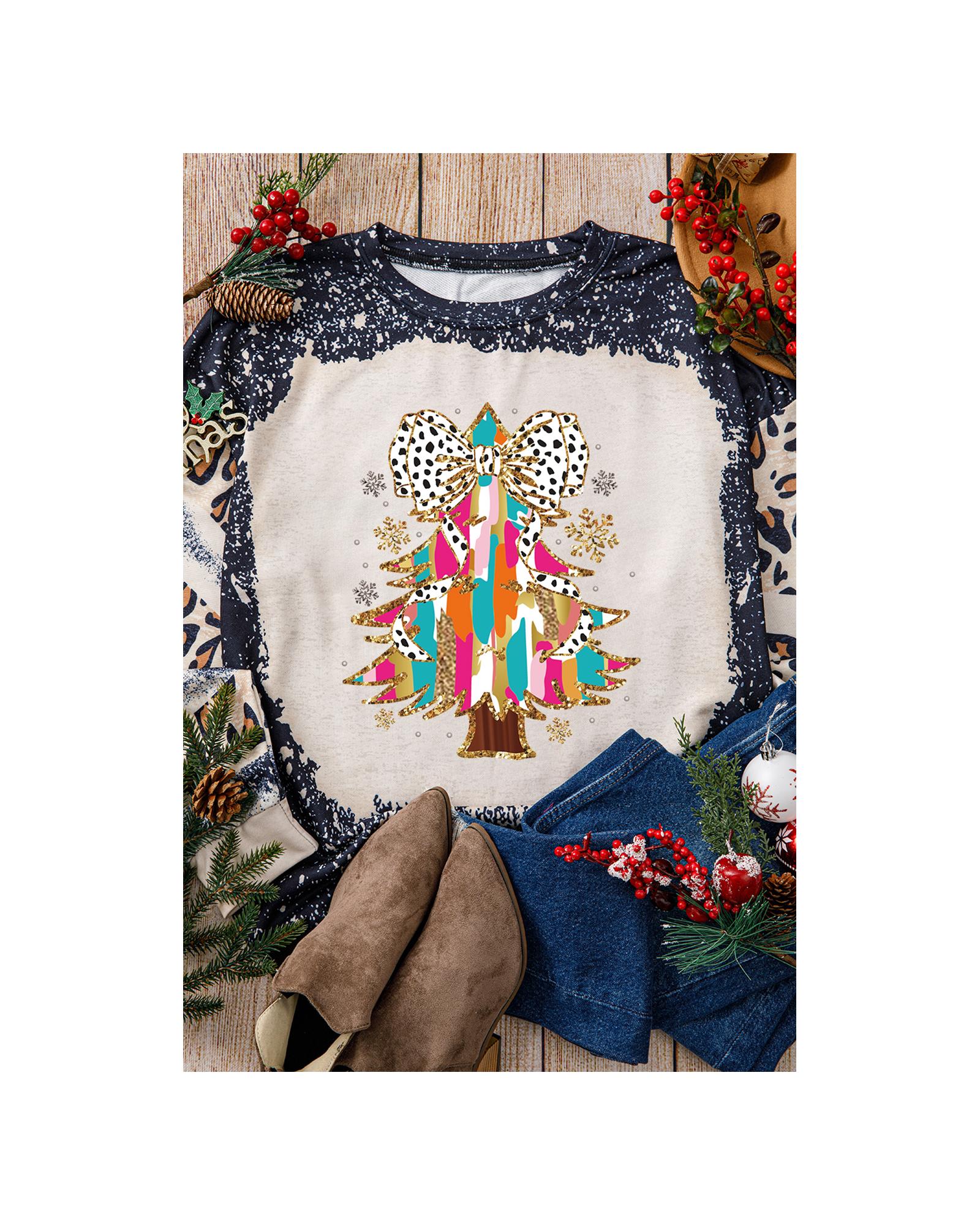 Black Christmas Tree Graphic Bleached Leopard Tie Dye Sweatshirt - 2XL
