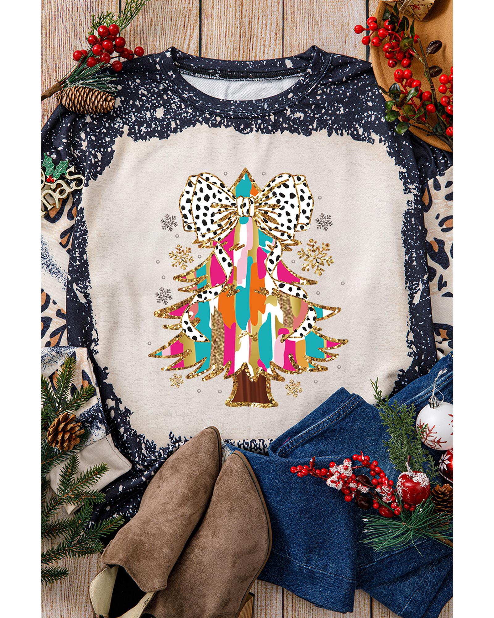 Black Christmas Tree Graphic Bleached Leopard Tie Dye Sweatshirt - L