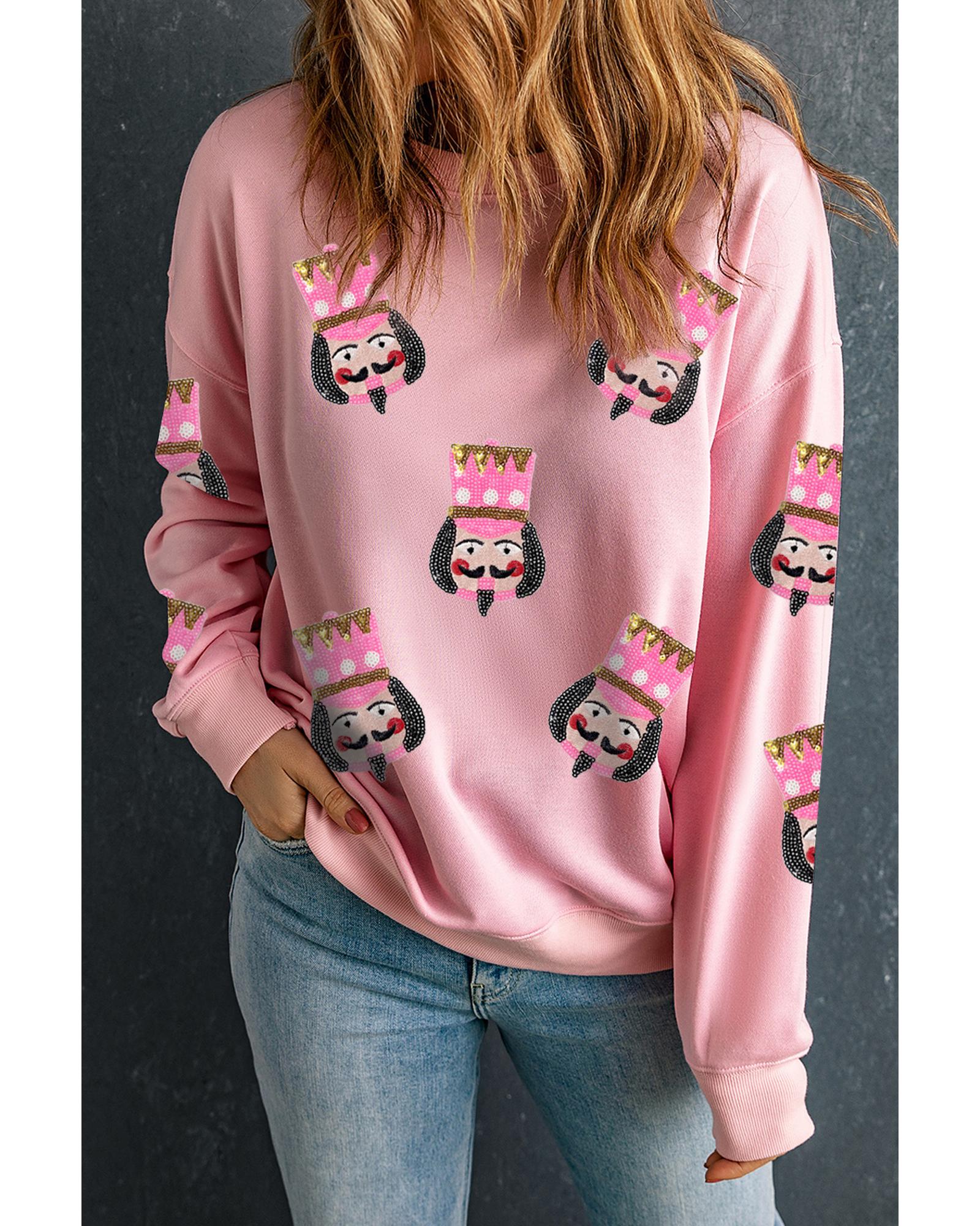 Pink Sequin Nutcracker Graphic Drop Shoulder Christmas Sweatshirt - 2XL