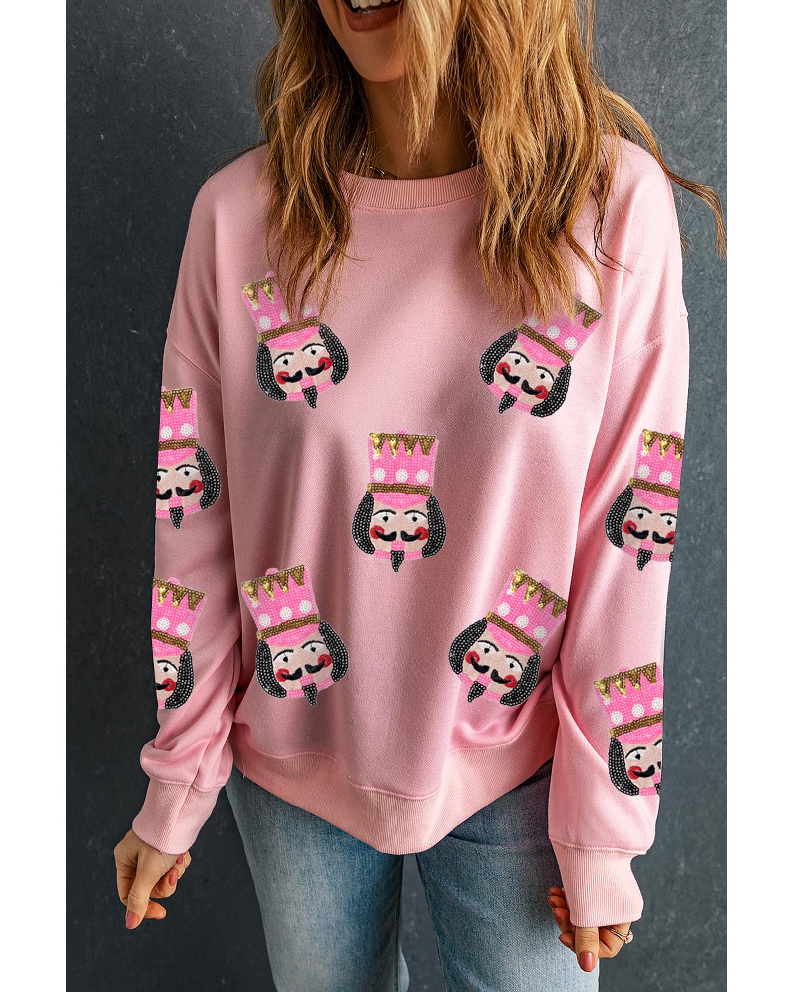Pink Sequin Nutcracker Graphic Drop Shoulder Christmas Sweatshirt - XL
