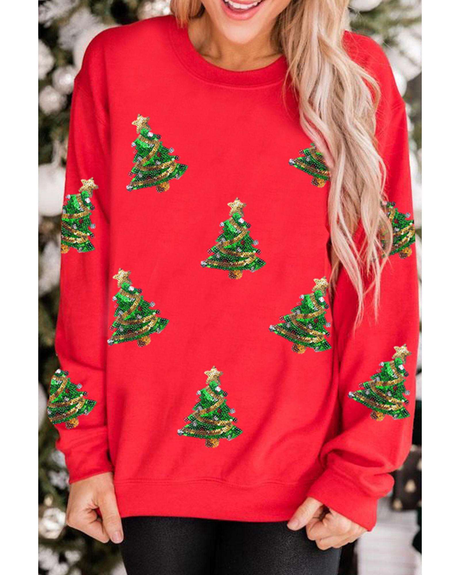 Red Sequin Christmas Tree Graphic Drop Shoulder Sweatshirt - 2XL